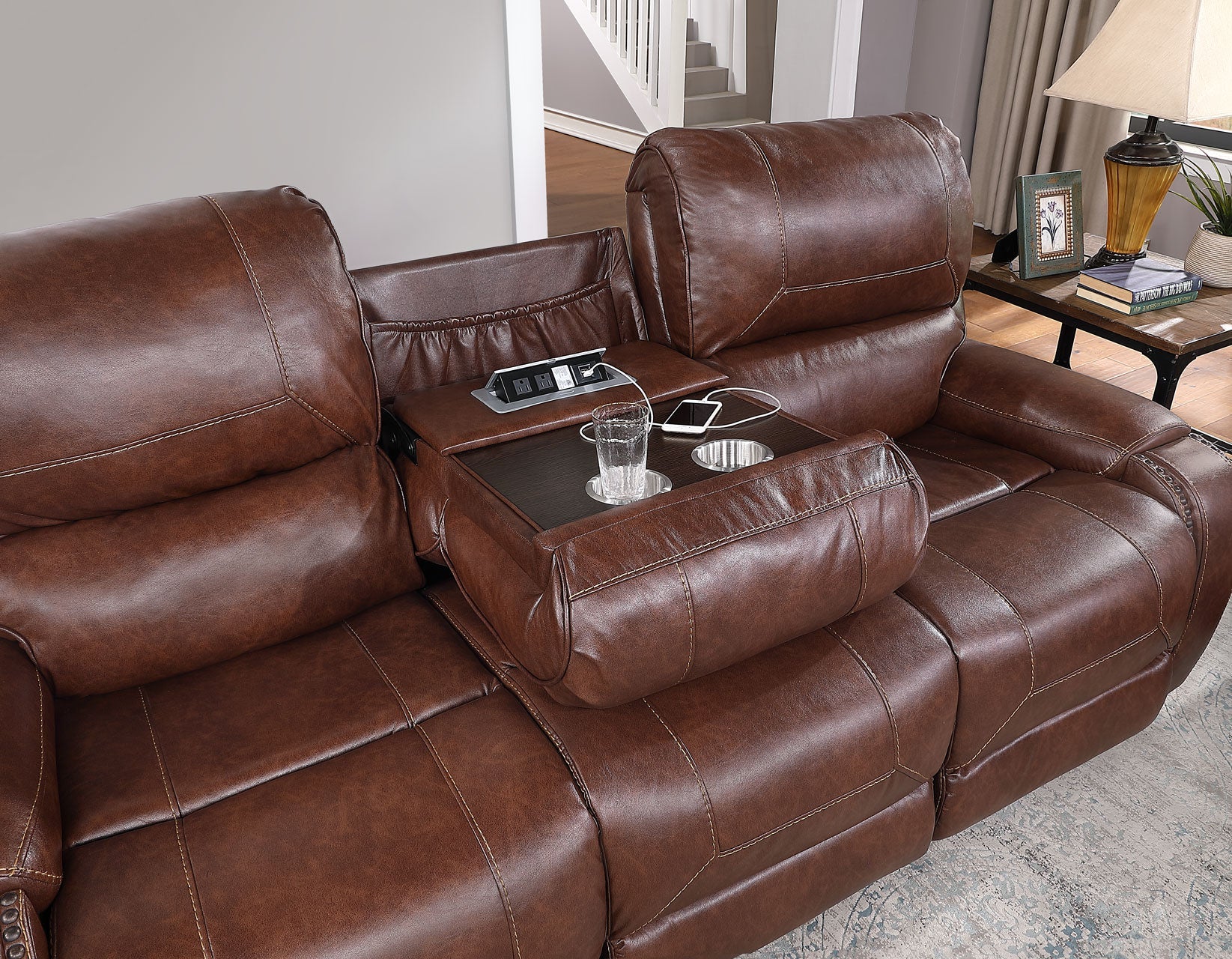 Keily Brown Reclining Sofa with Drop-Down Table - Image 14