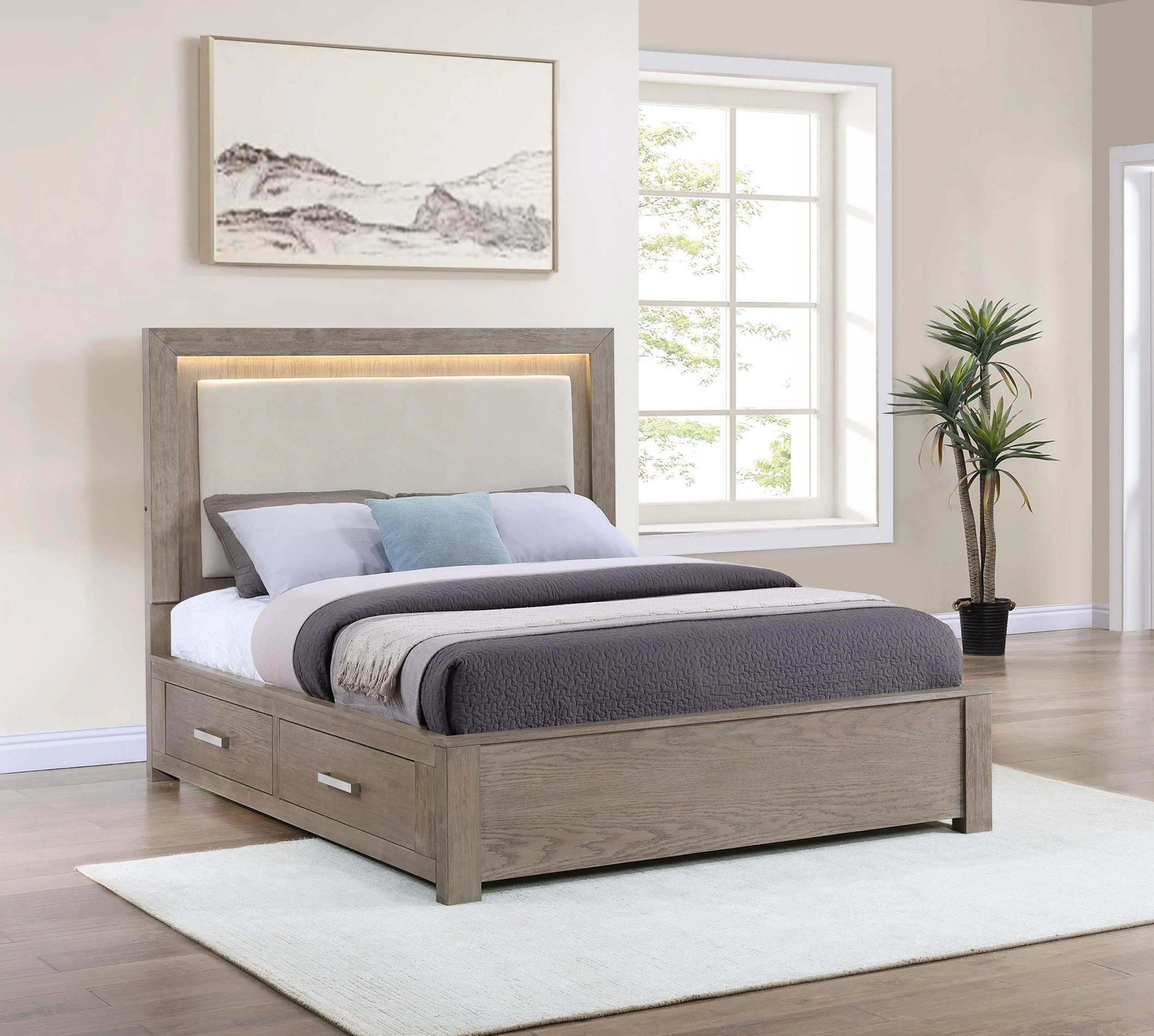 Kenora Barley Brown 56-inch Eastern King LED Storage Bed