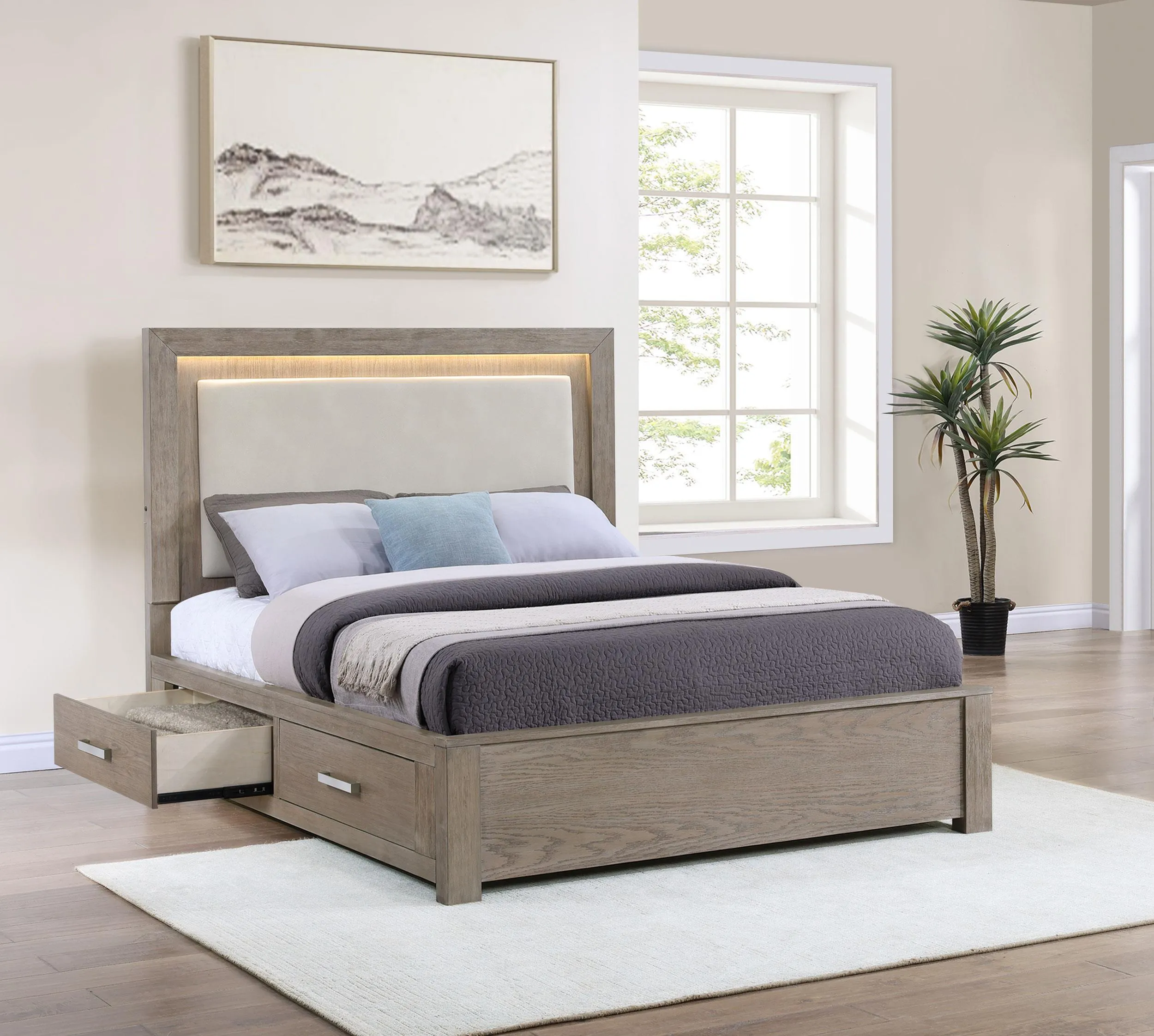 Kenora Barley Brown 56-inch Queen LED Storage Bed - Image 2