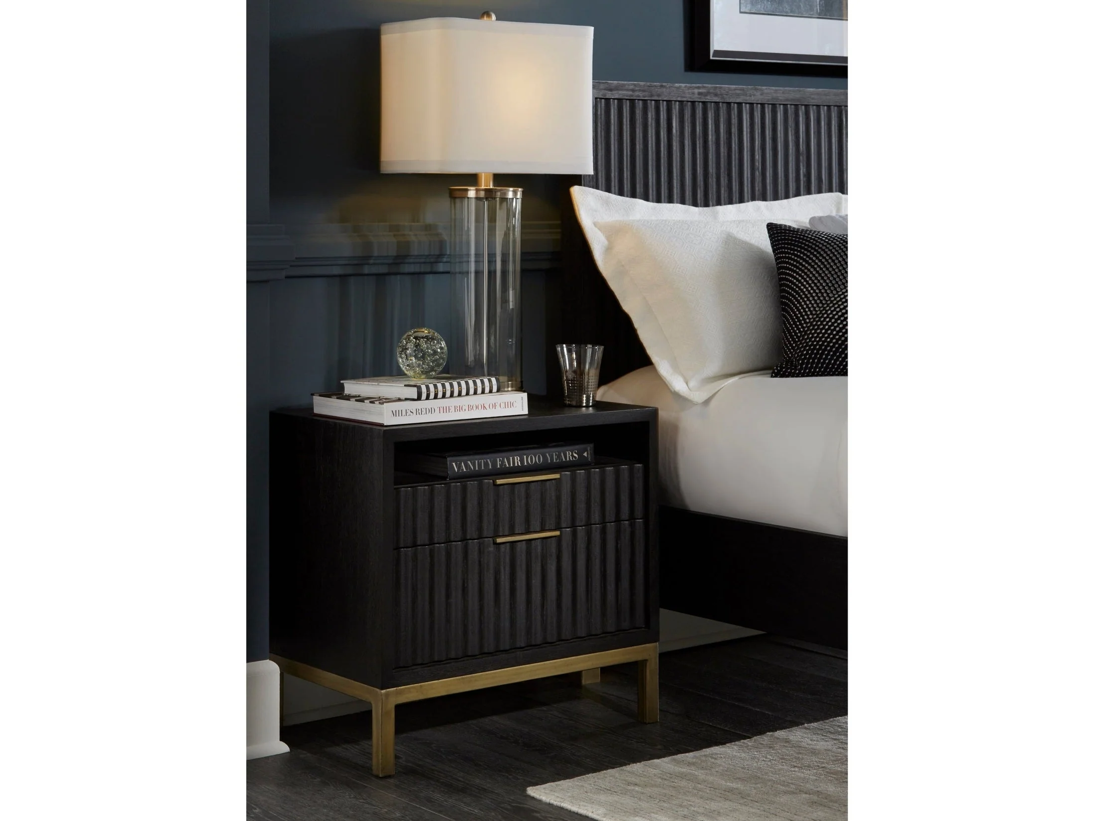 Kentfield Black Drifted Oak Solid Wood Two Drawer Nightstand
