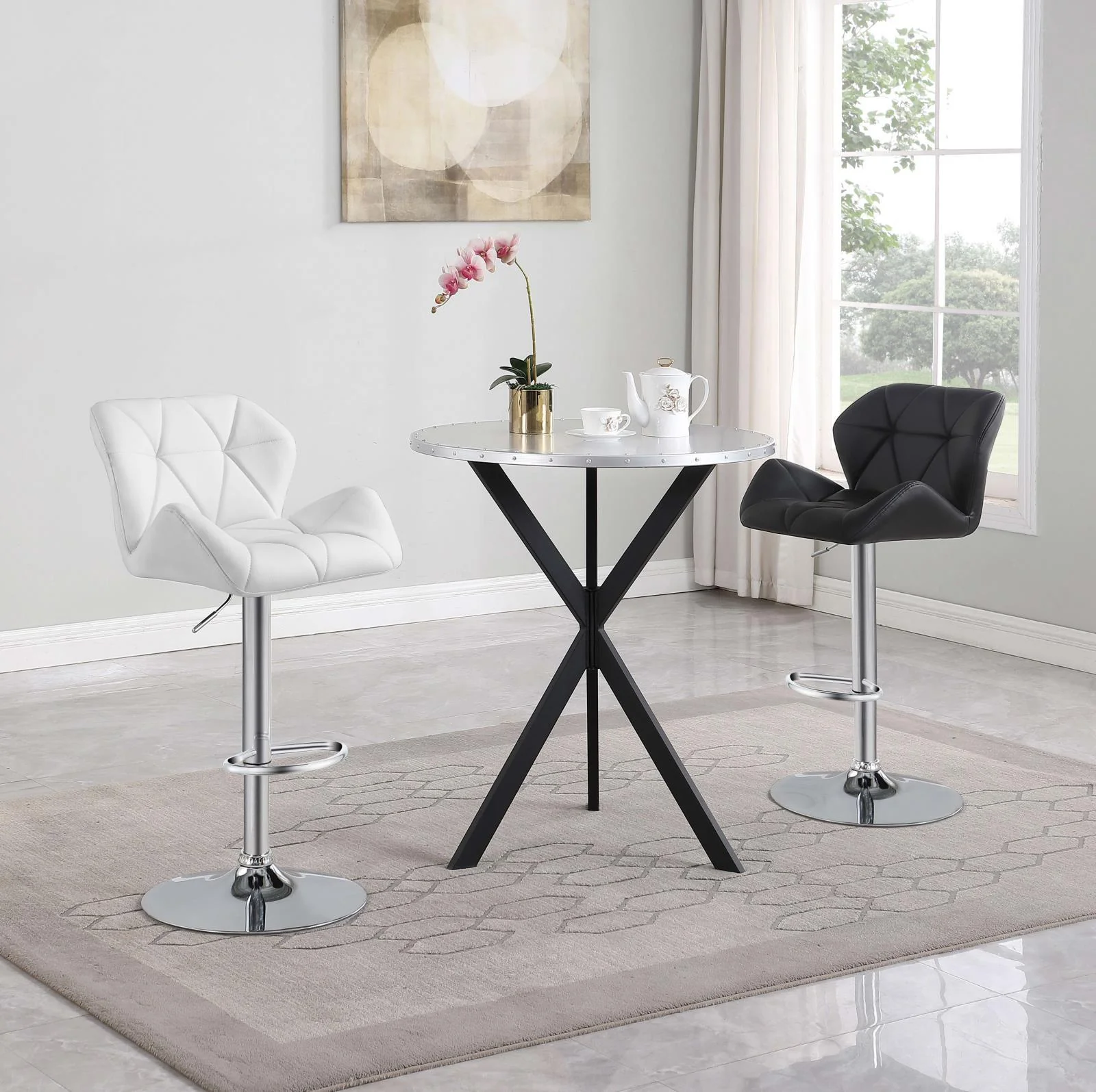 Kenzo Black Round Metal Top Bar Table Silver and Sandy - Image 4