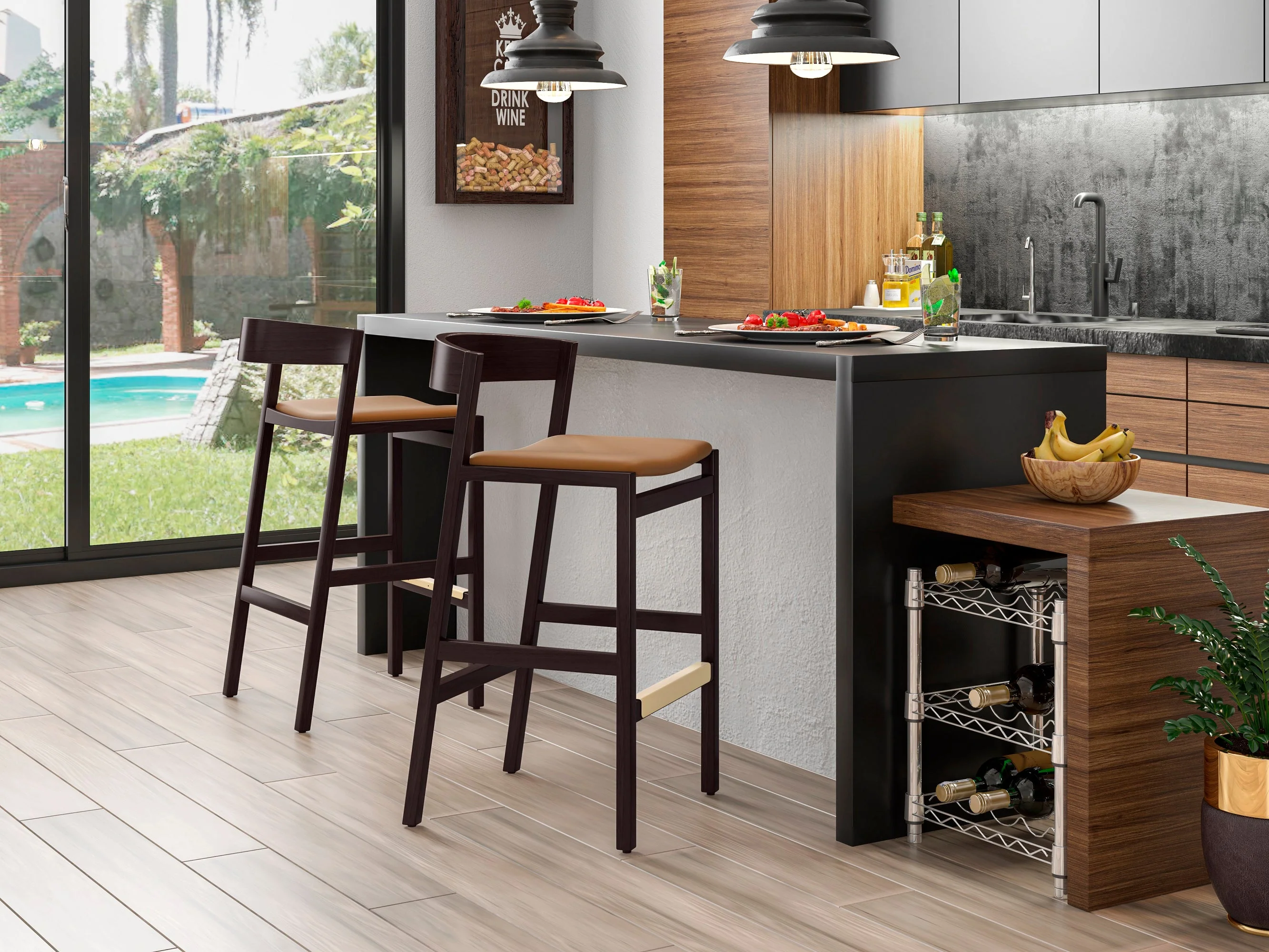 Klismos Barstool in Camel and Dark Walnut (set of 3) - Image 2