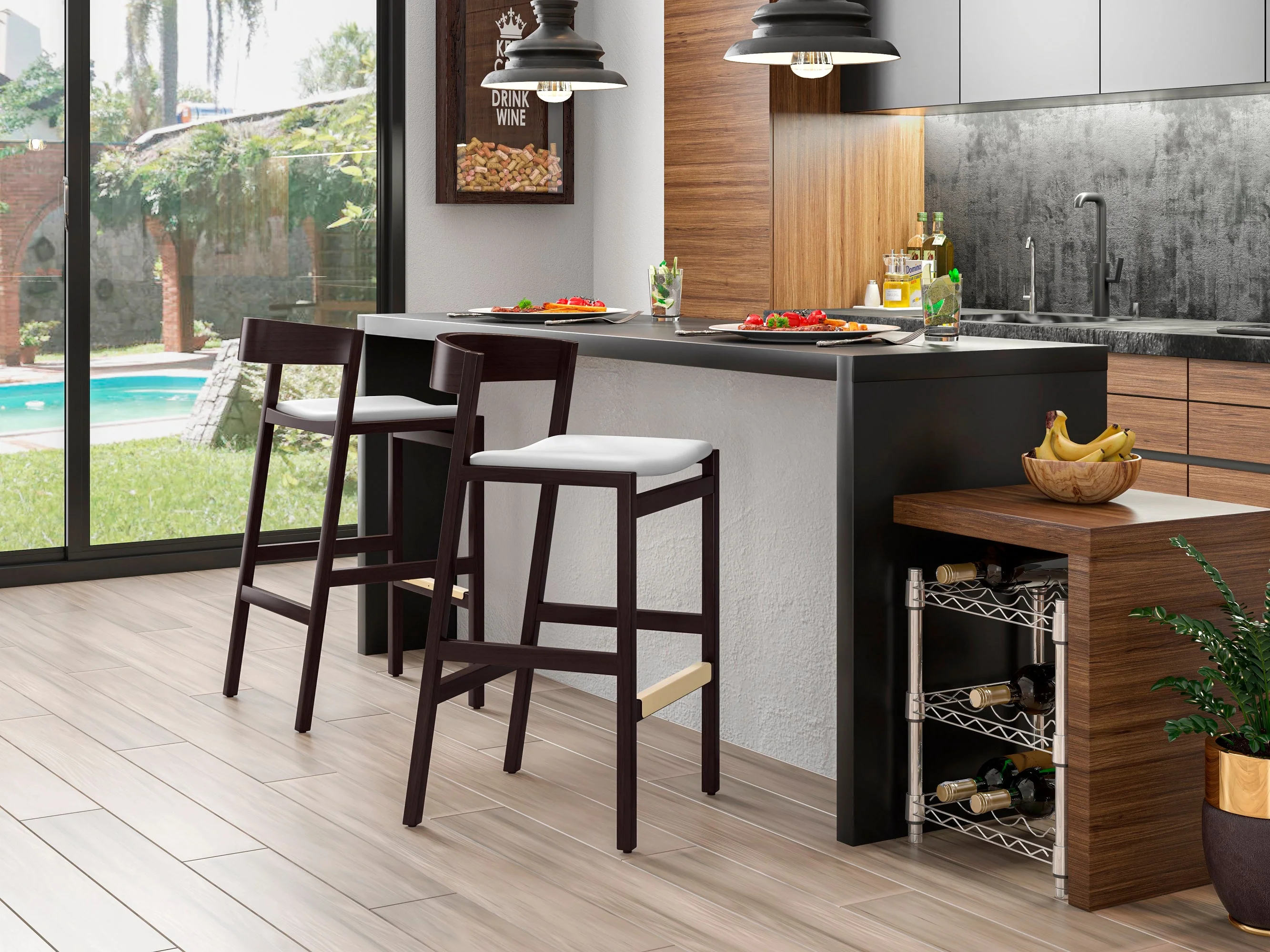 Klismos Counter Stool in Ivory and Dark Walnut (set of 3) - Image 2