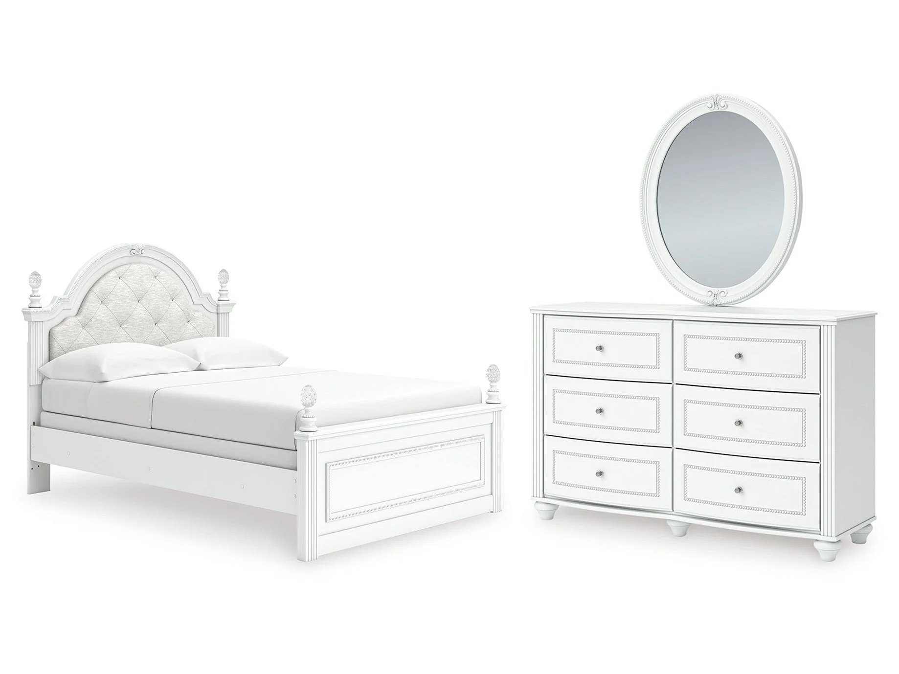 Kozlani White Full Upholstered Panel Bed, Dresser and Mirror - Image 2