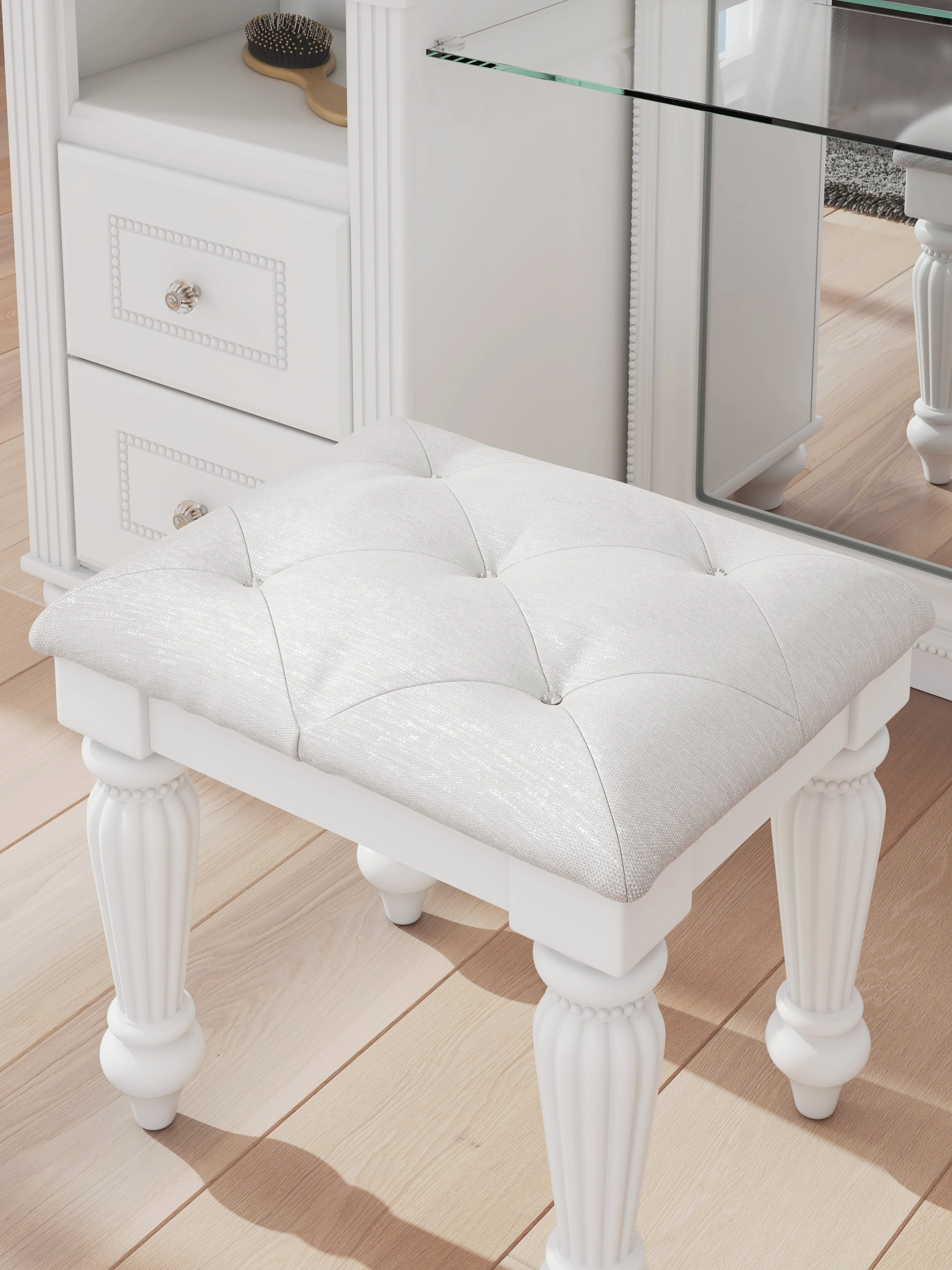 Kozlani White Vanity, Mirror and Stool - Image 14