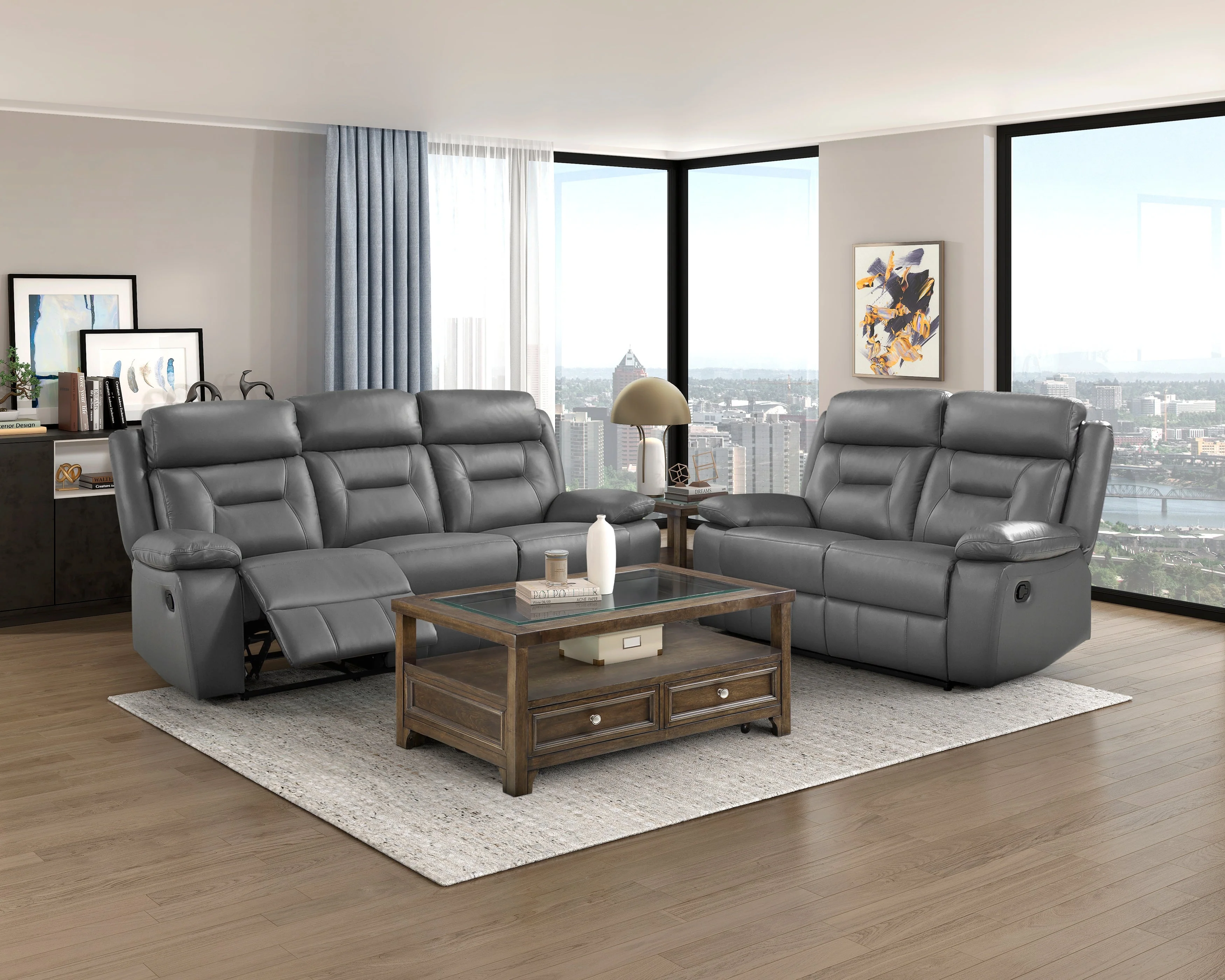 Laconia Dark Gray Leather Double Reclining Sofa - Image 2