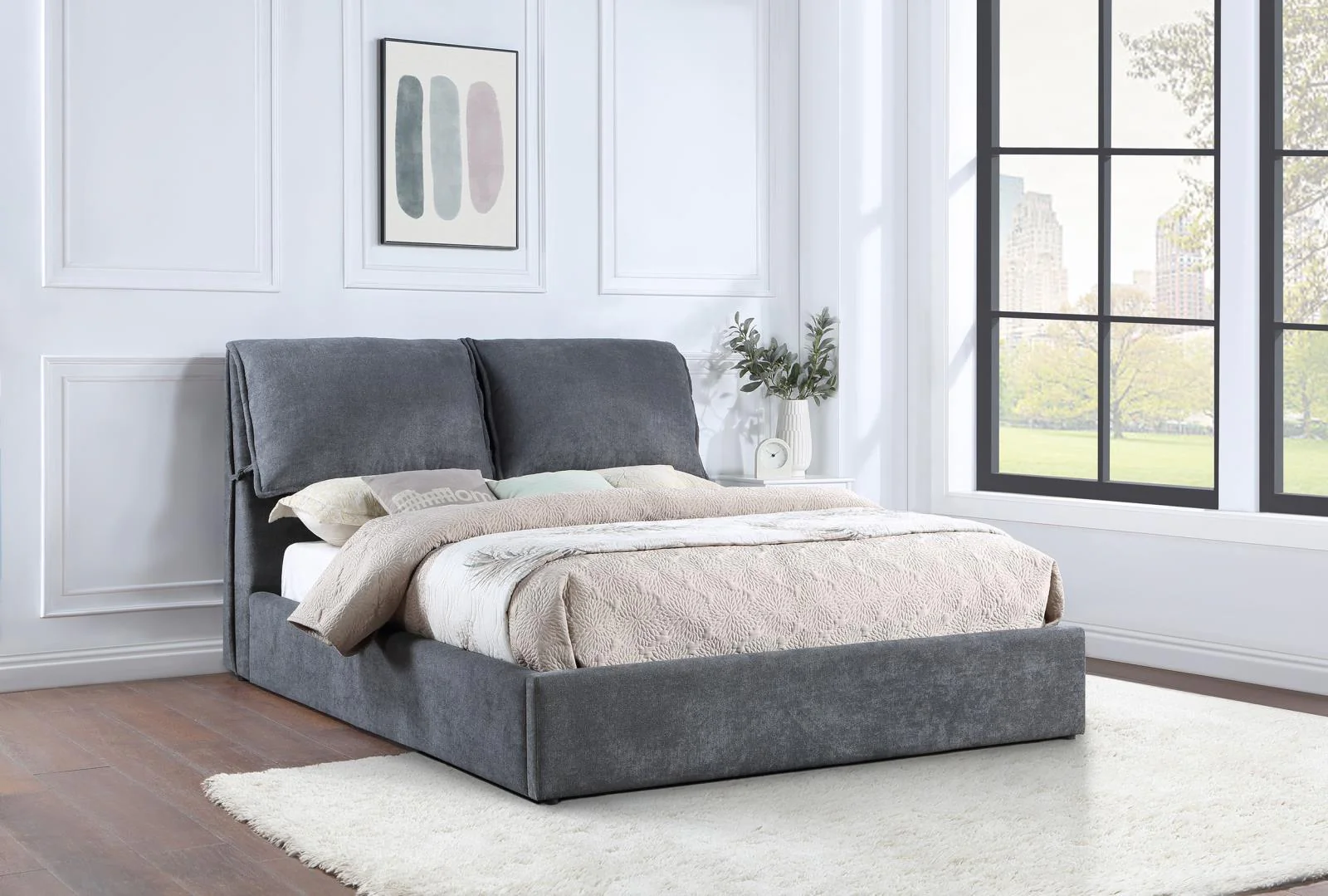 Laurel Charcoal Gray Upholstered Eastern King Platform Bed with Pillow Headboard