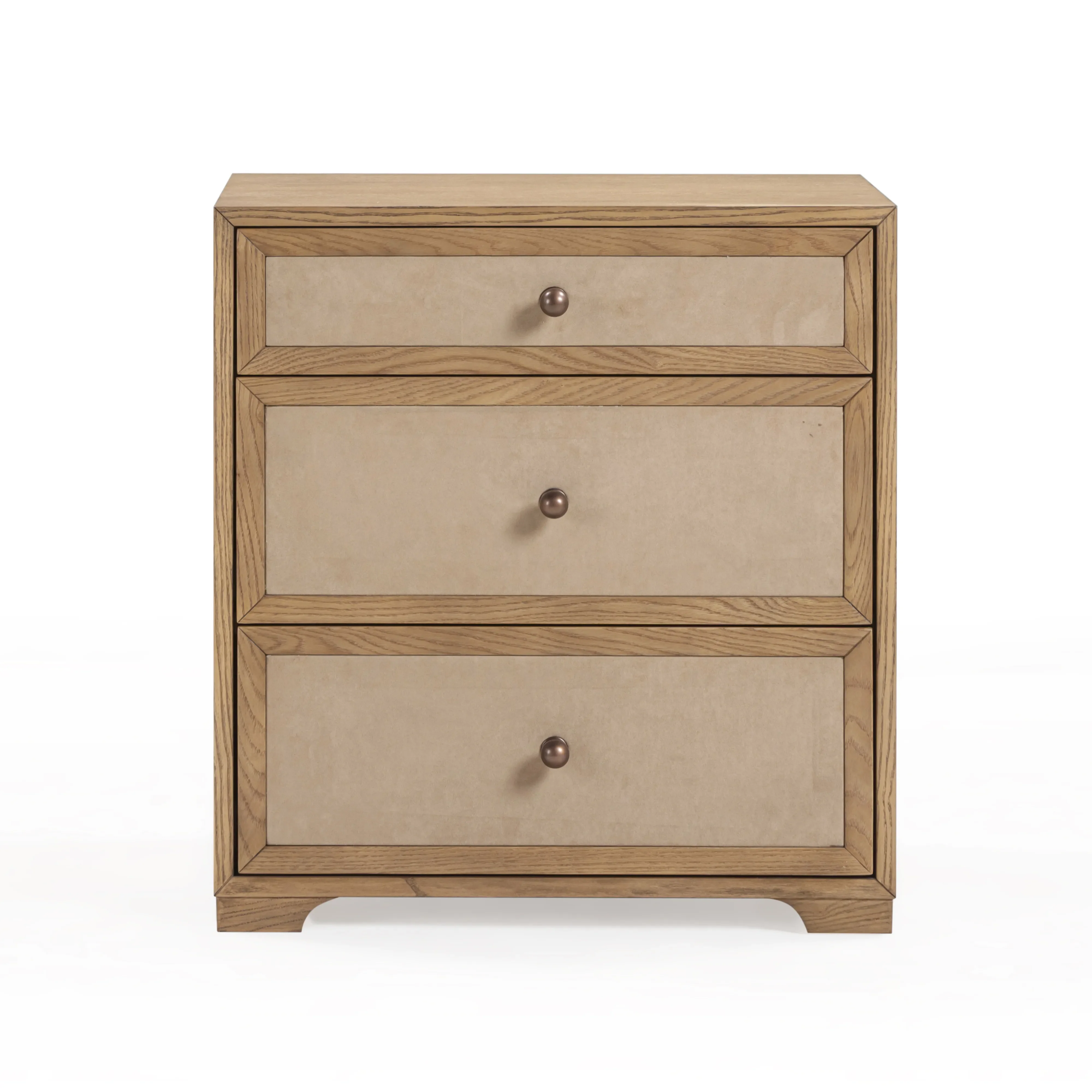 Laurentis 23.5" Light Taupe Suede and Wood 3-Drawer Nightstand