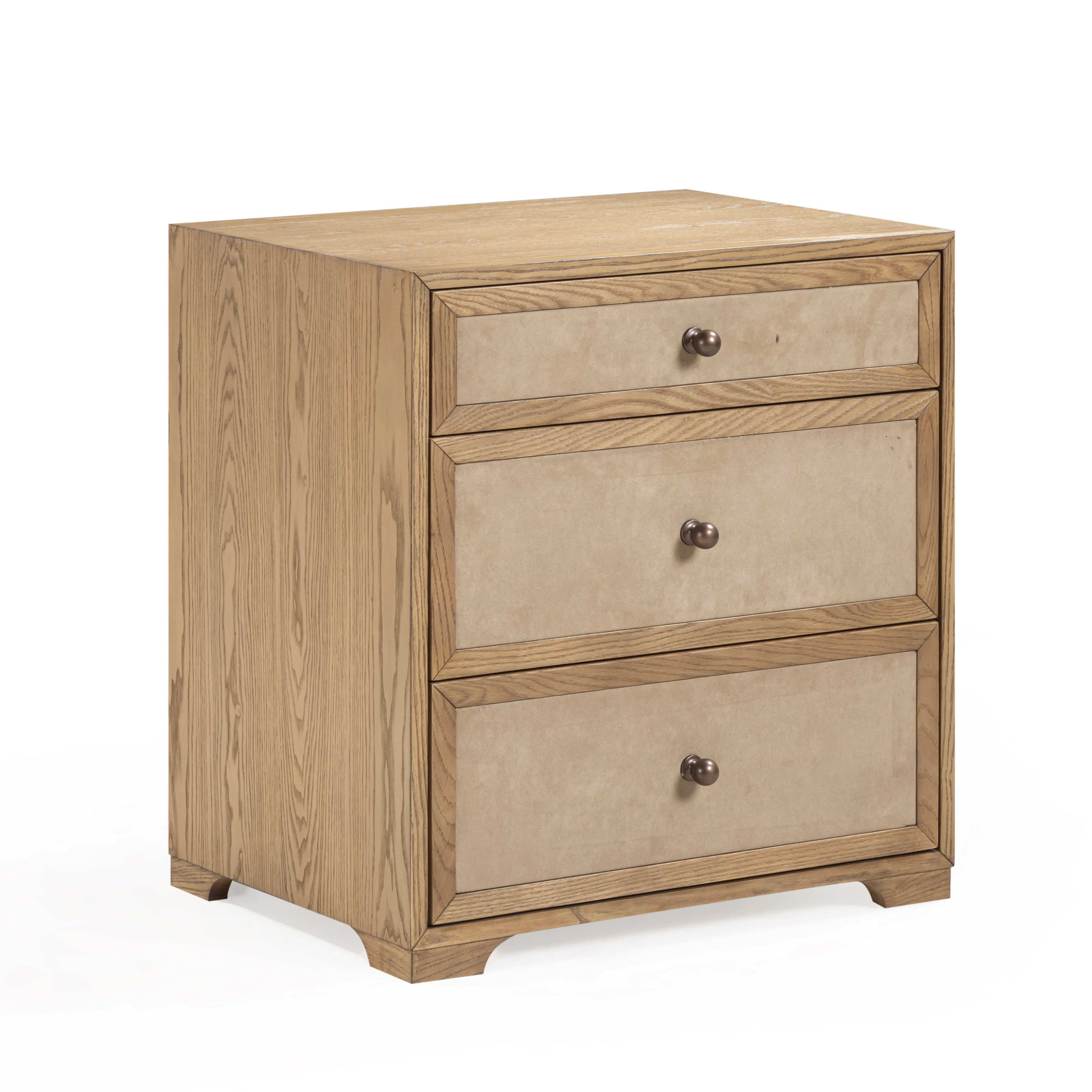 Laurentis 23.5" Light Taupe Suede and Wood 3-Drawer Nightstand - Image 4