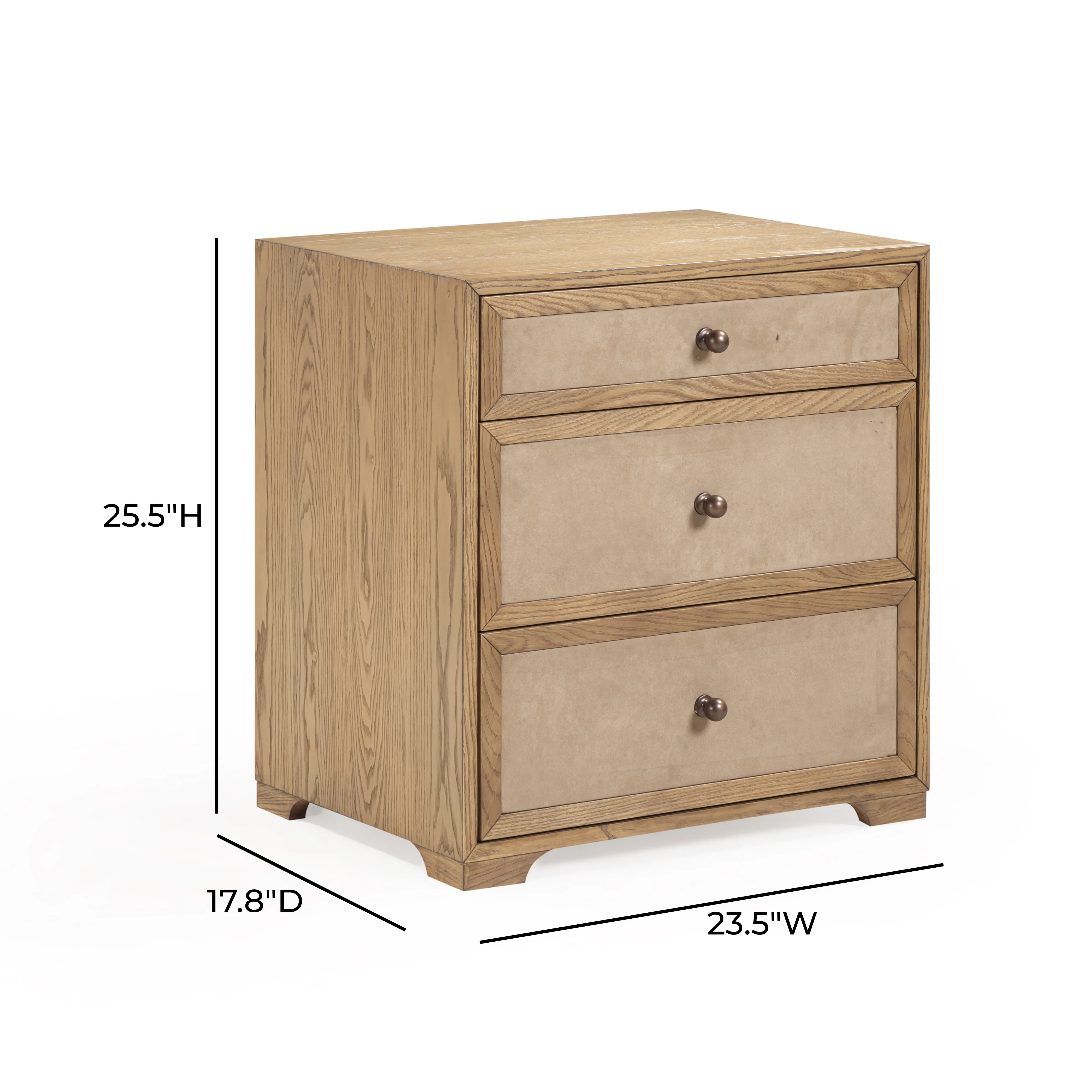 Laurentis 23.5" Light Taupe Suede and Wood 3-Drawer Nightstand - Image 8