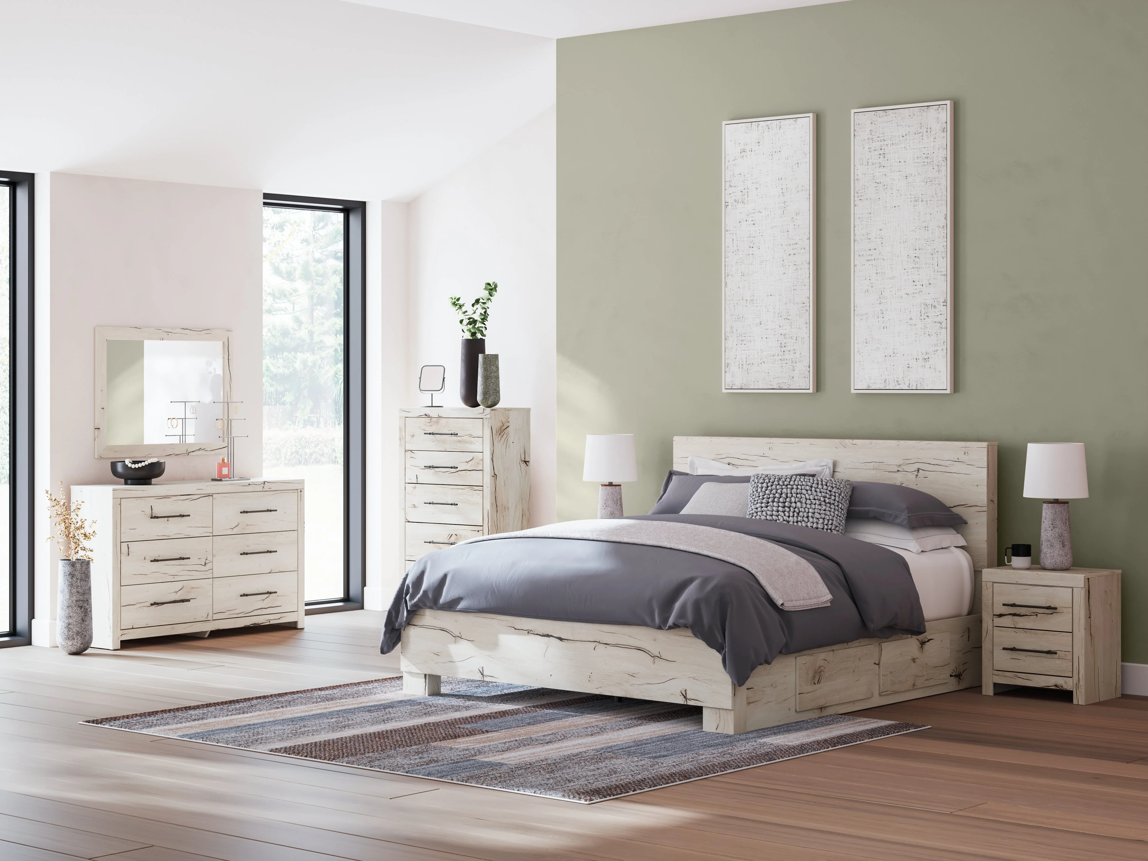 Lawroy Light Natural Storage Panel Bedroom Set with 2 One-Side Drawers
