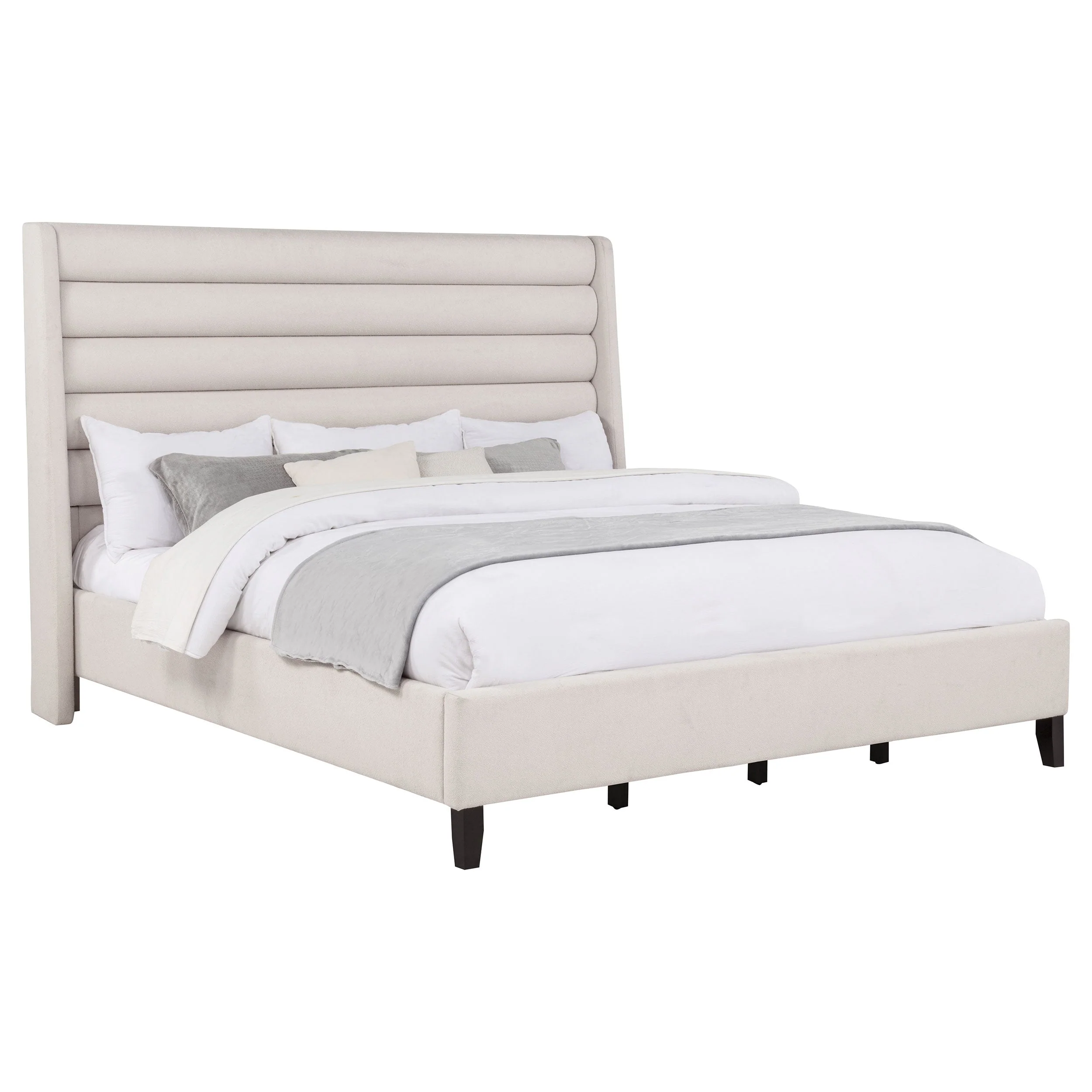 Leslie Beige Upholstered Tufted Eastern King Wingback Platform Bed