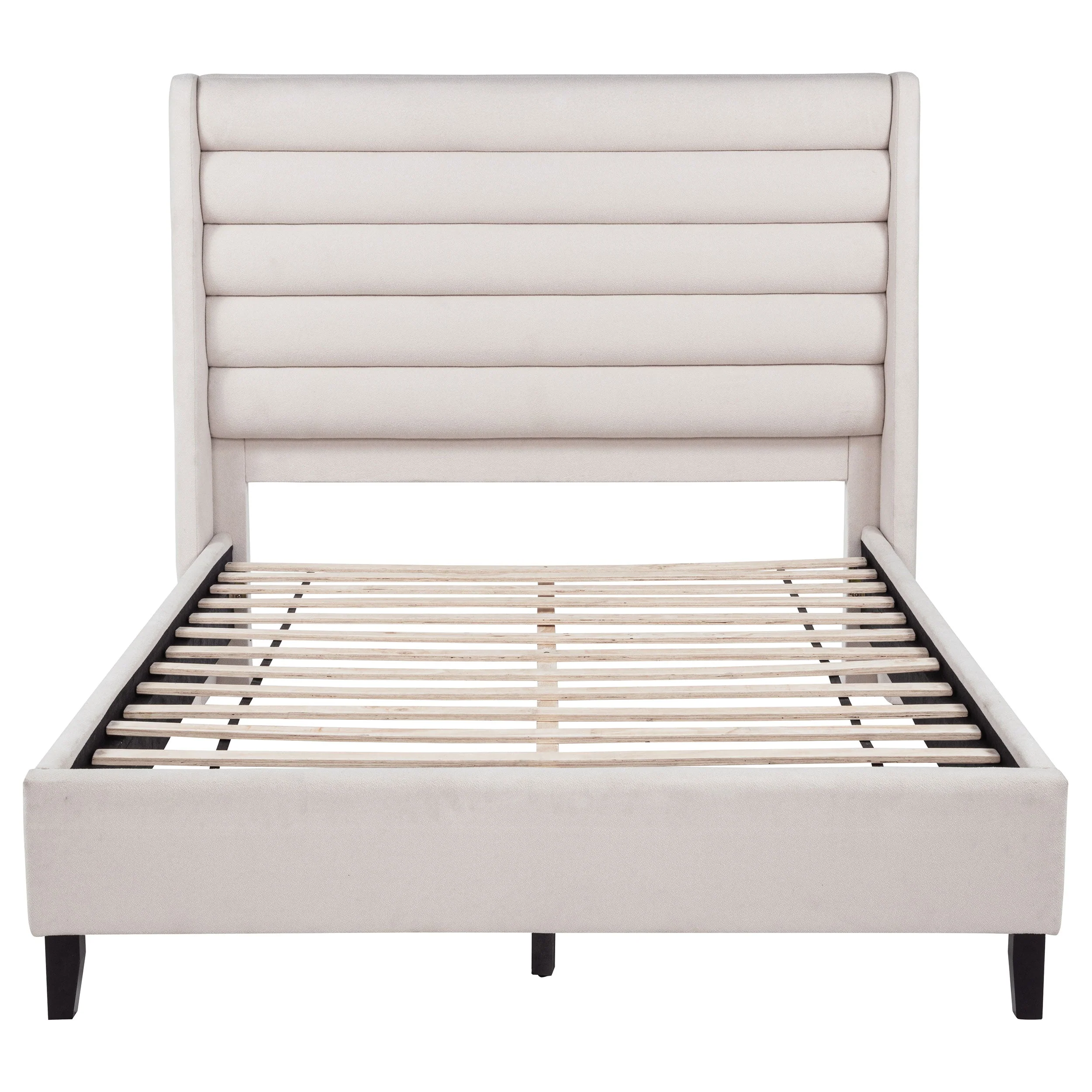 Leslie Beige Upholstered Tufted Queen Wingback Platform Bed - Image 2