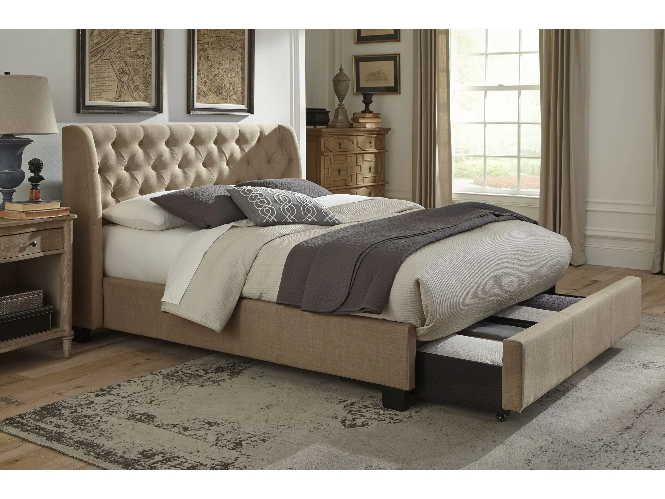 Levi Tufted Footboard Storage Bed in Toast Linen