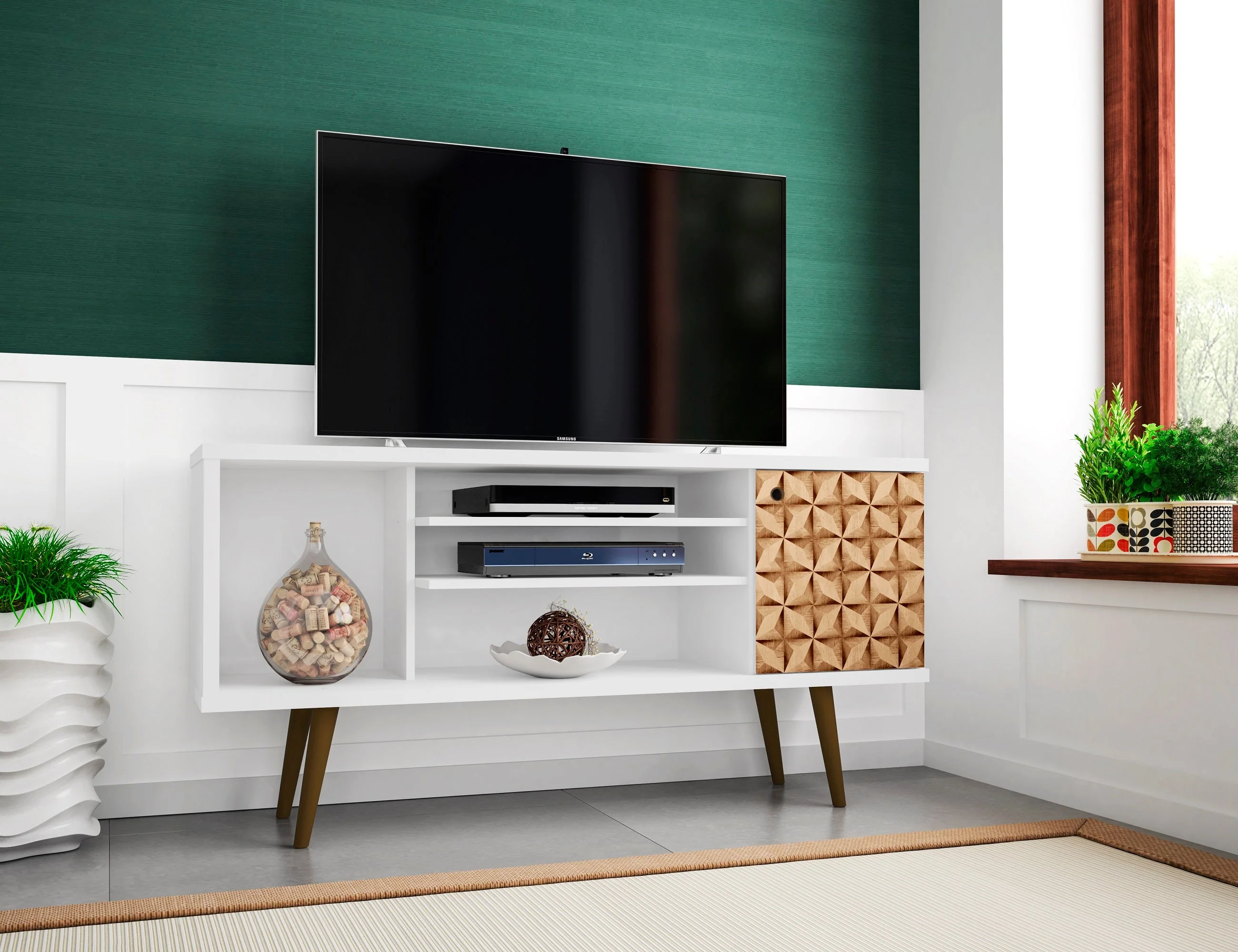 Liberty 53.14" Mid-Century Modern TV Stand in White and 3D Brown Prints - Image 2