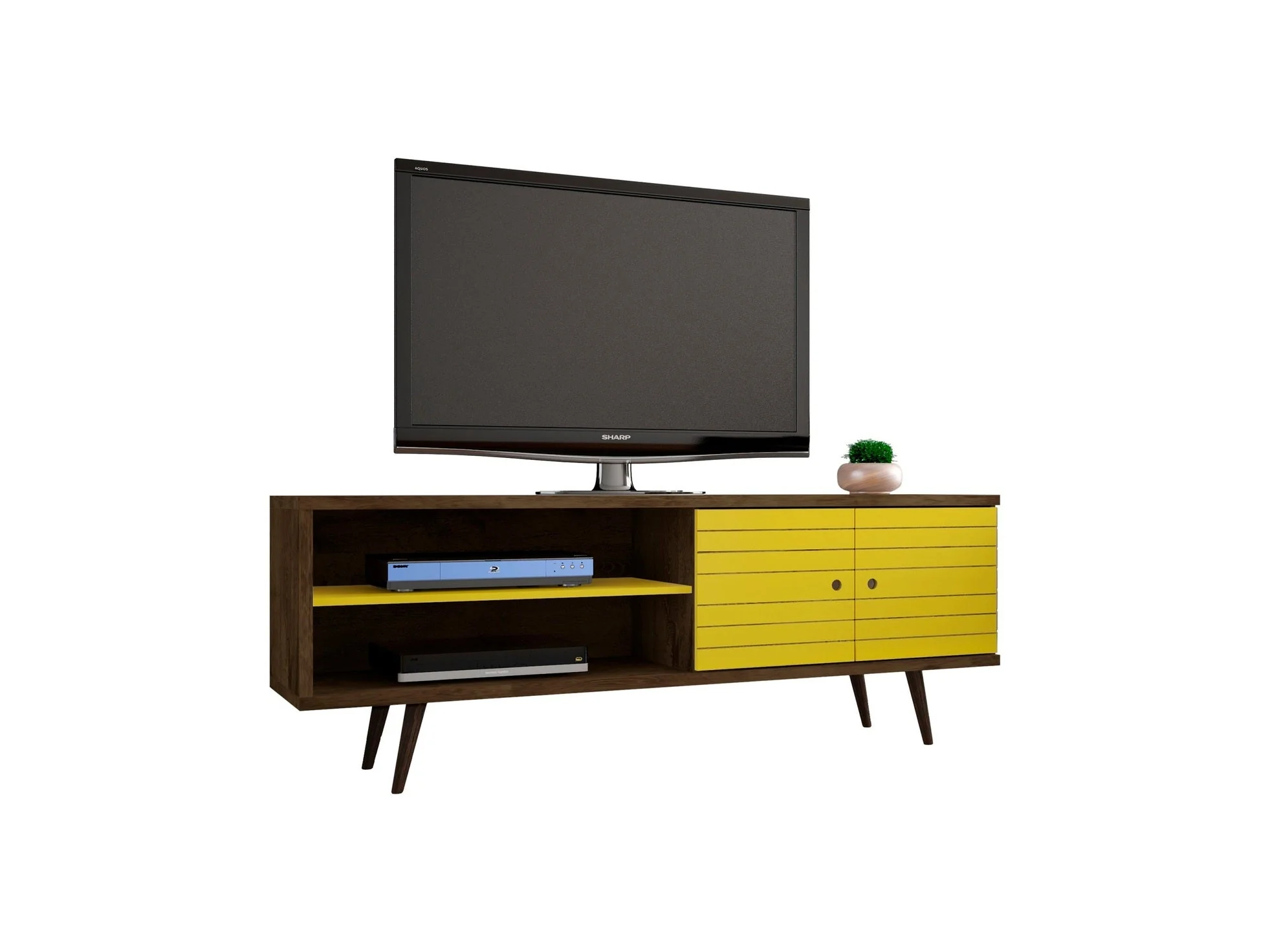 Liberty 62.99" Mid-Century Modern TV Stand in Rustic Brown and Yellow