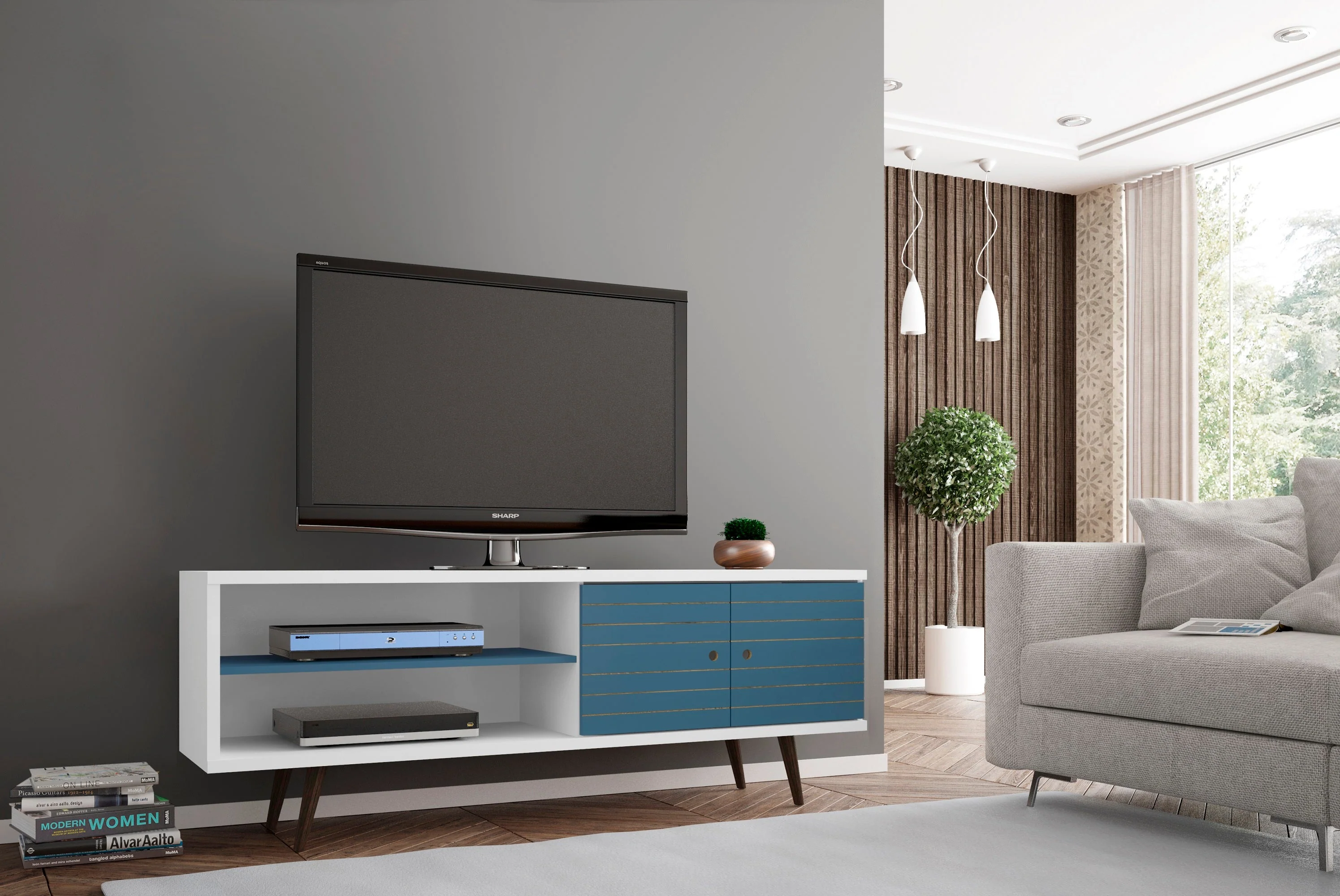 Liberty 62.99" Mid-Century Modern TV Stand in White and Aqua Blue - Image 2