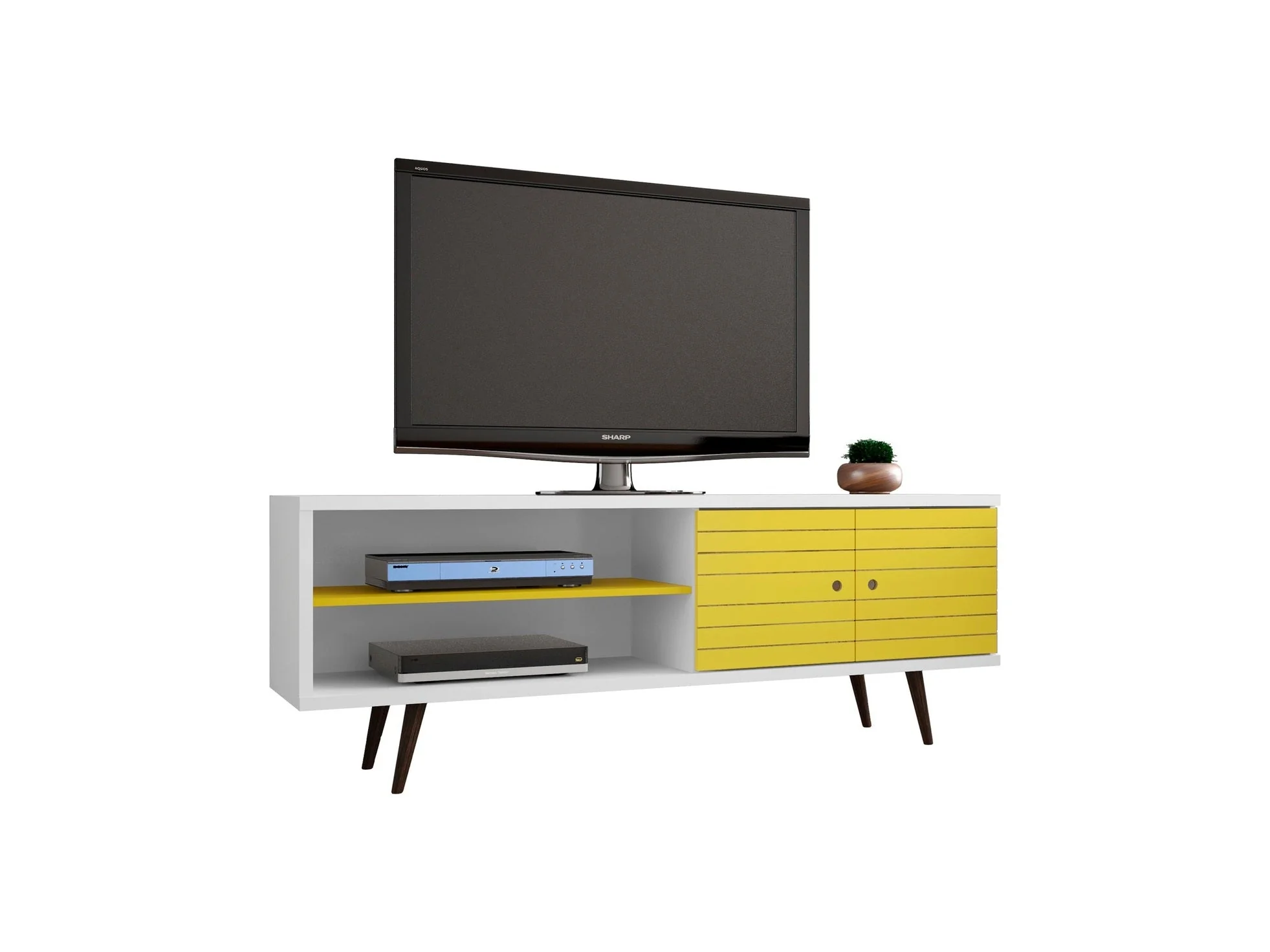 Liberty 62.99" Mid-Century Modern TV Stand in White and Yellow