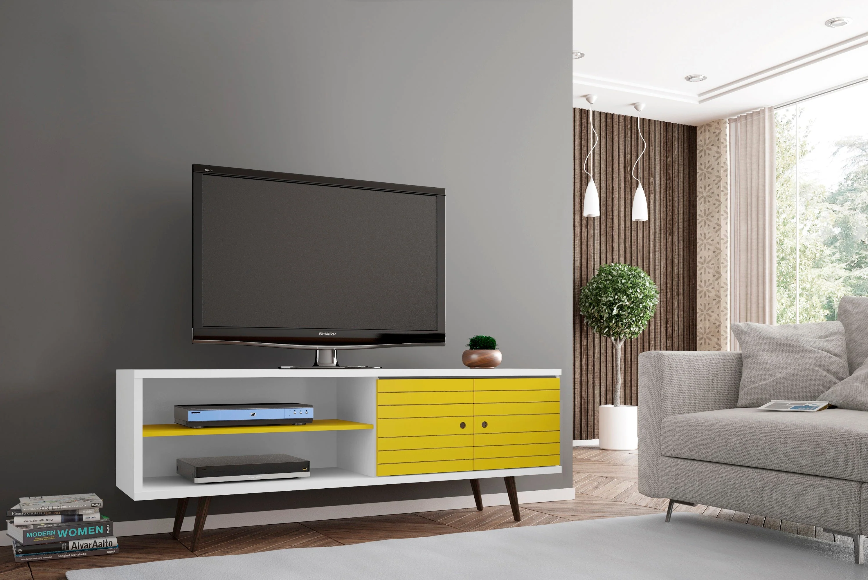 Liberty 62.99" Mid-Century Modern TV Stand in White and Yellow - Image 2
