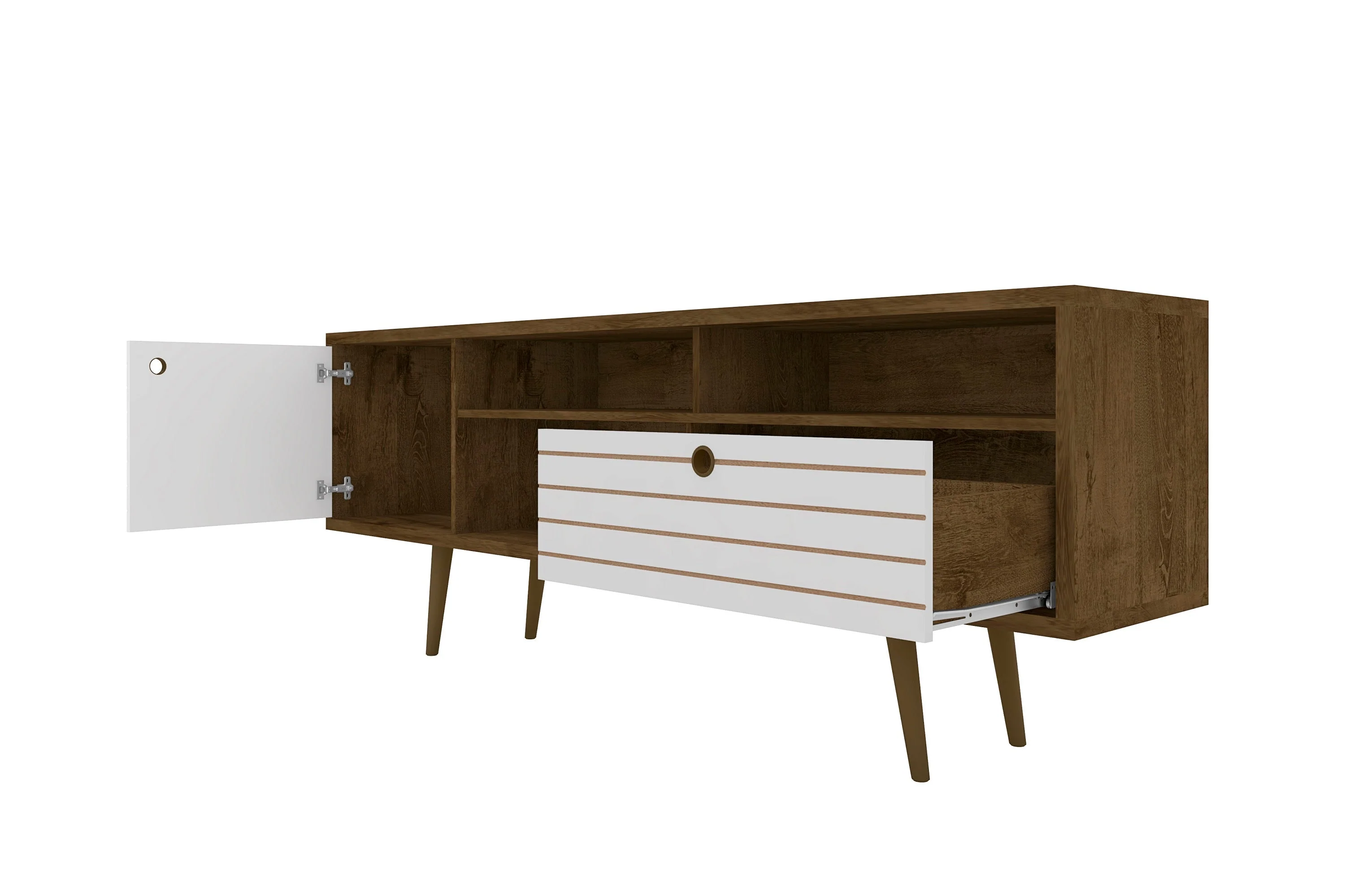 Liberty 70.86" Mid-Century Modern TV Stand in Rustic Brown and White - Image 4