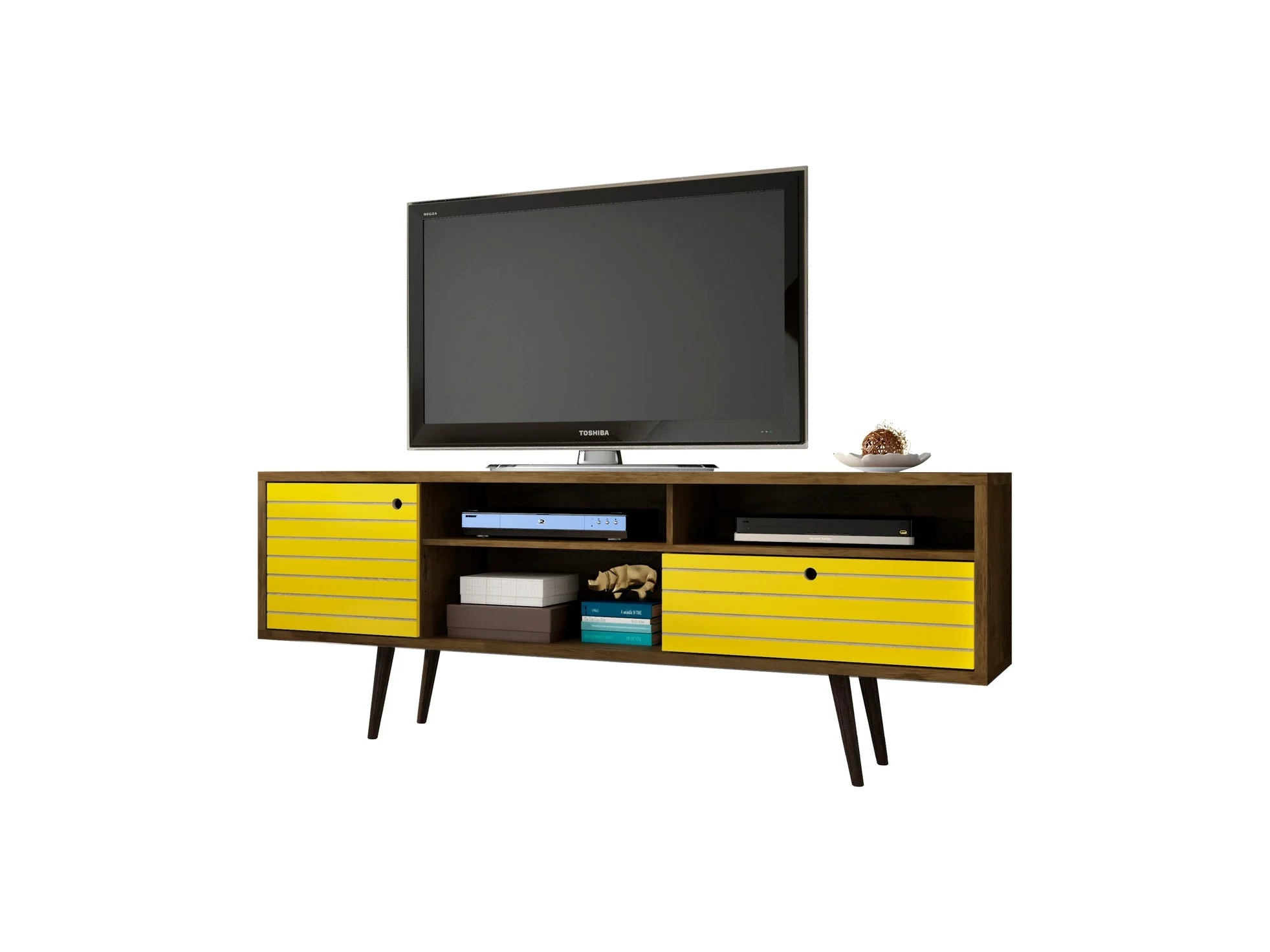 Liberty 70.86" Mid-Century Modern TV Stand in Rustic Brown and Yellow