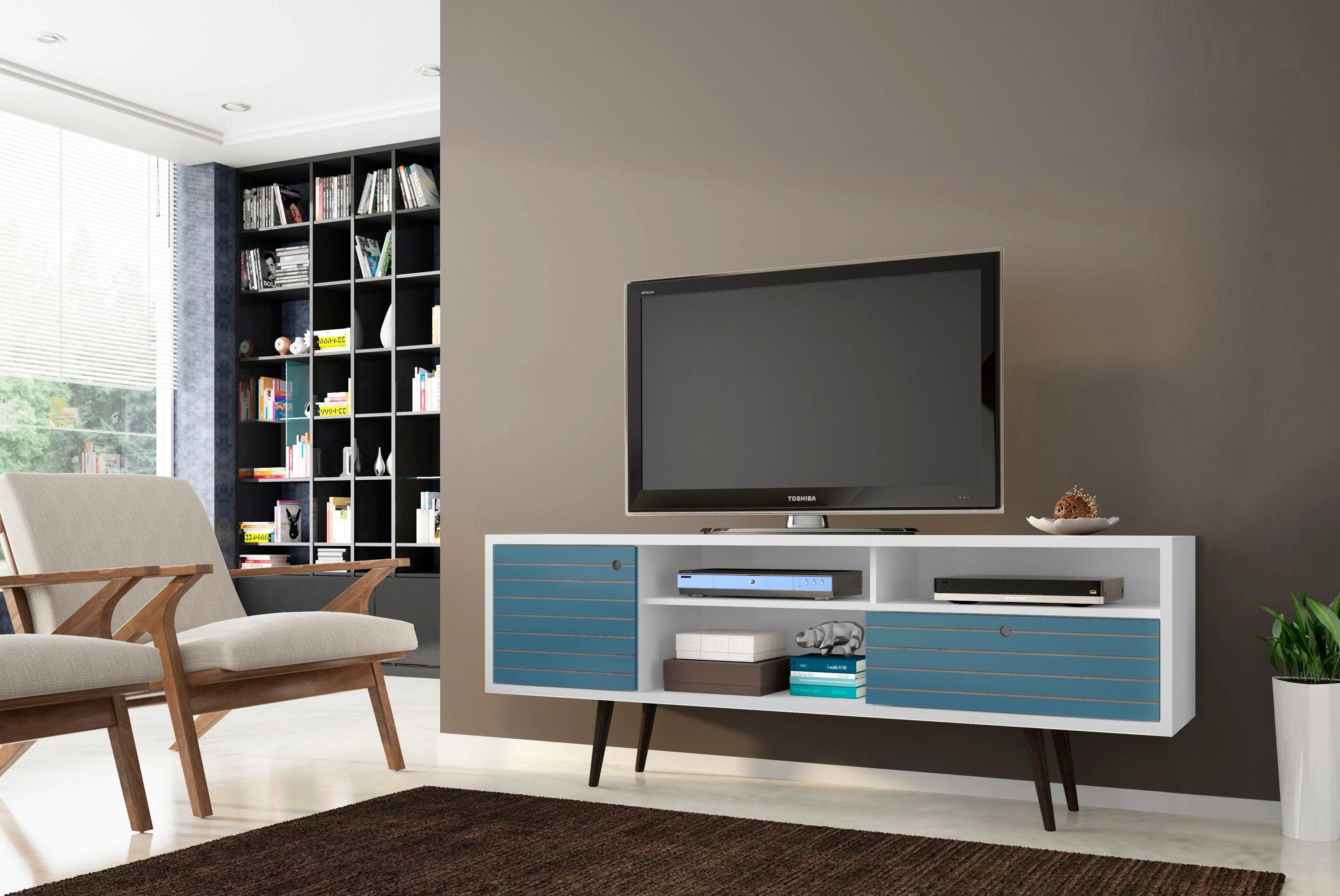 Liberty 70.86" Mid-Century Modern TV Stand in White and Aqua Blue - Image 2
