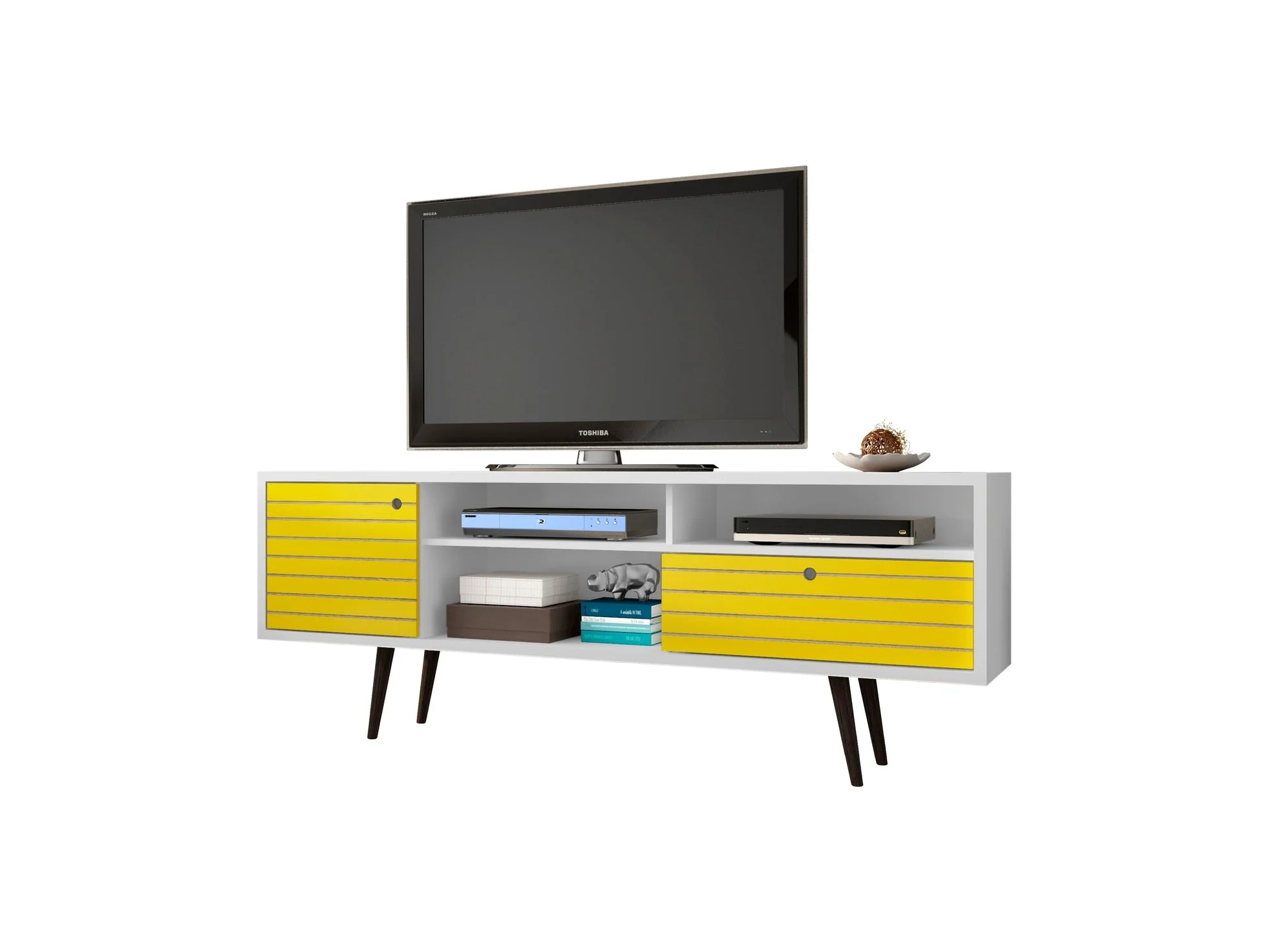 Liberty 70.86" Mid-Century Modern TV Stand in White and Yellow