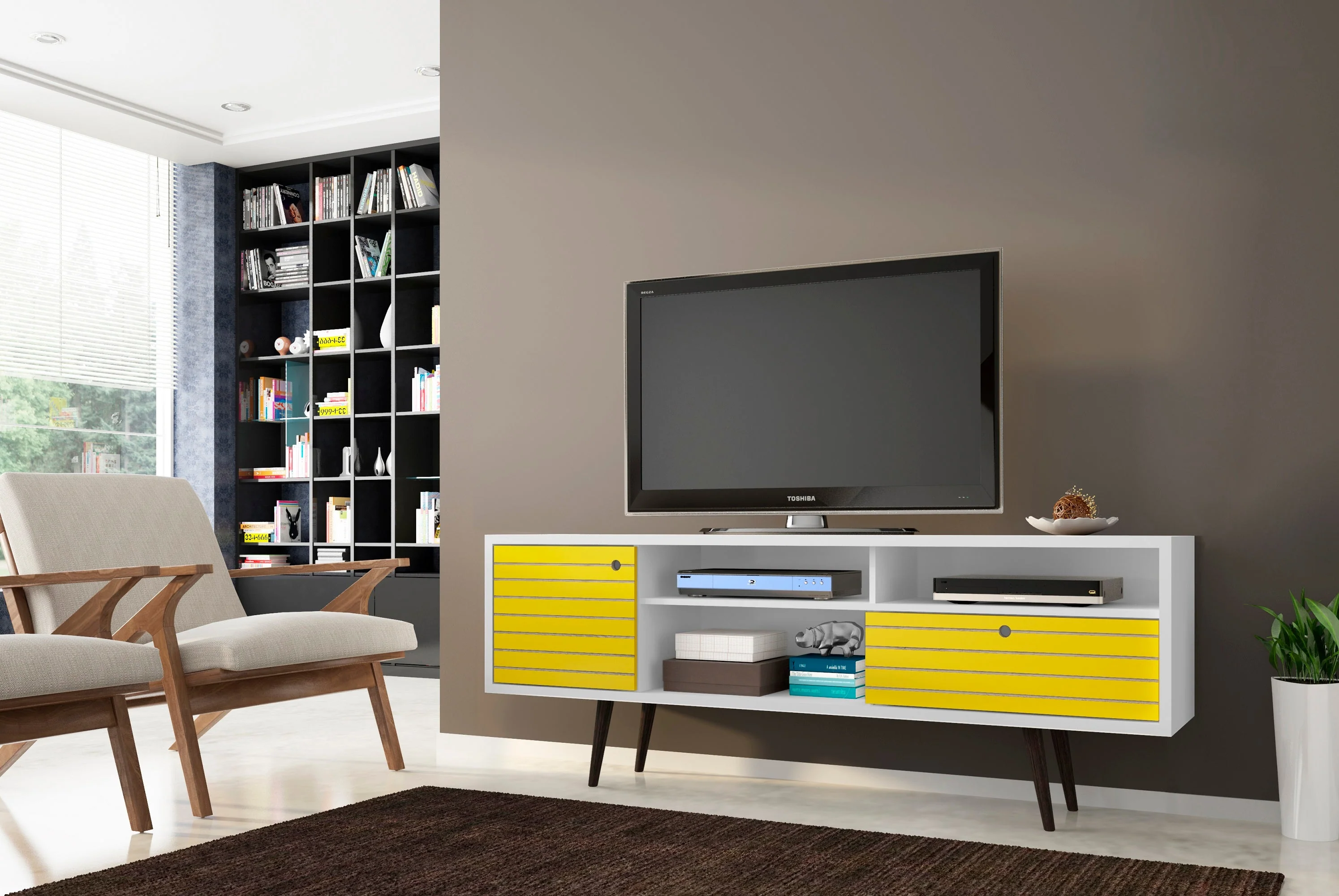 Liberty 70.86" Mid-Century Modern TV Stand in White and Yellow - Image 2