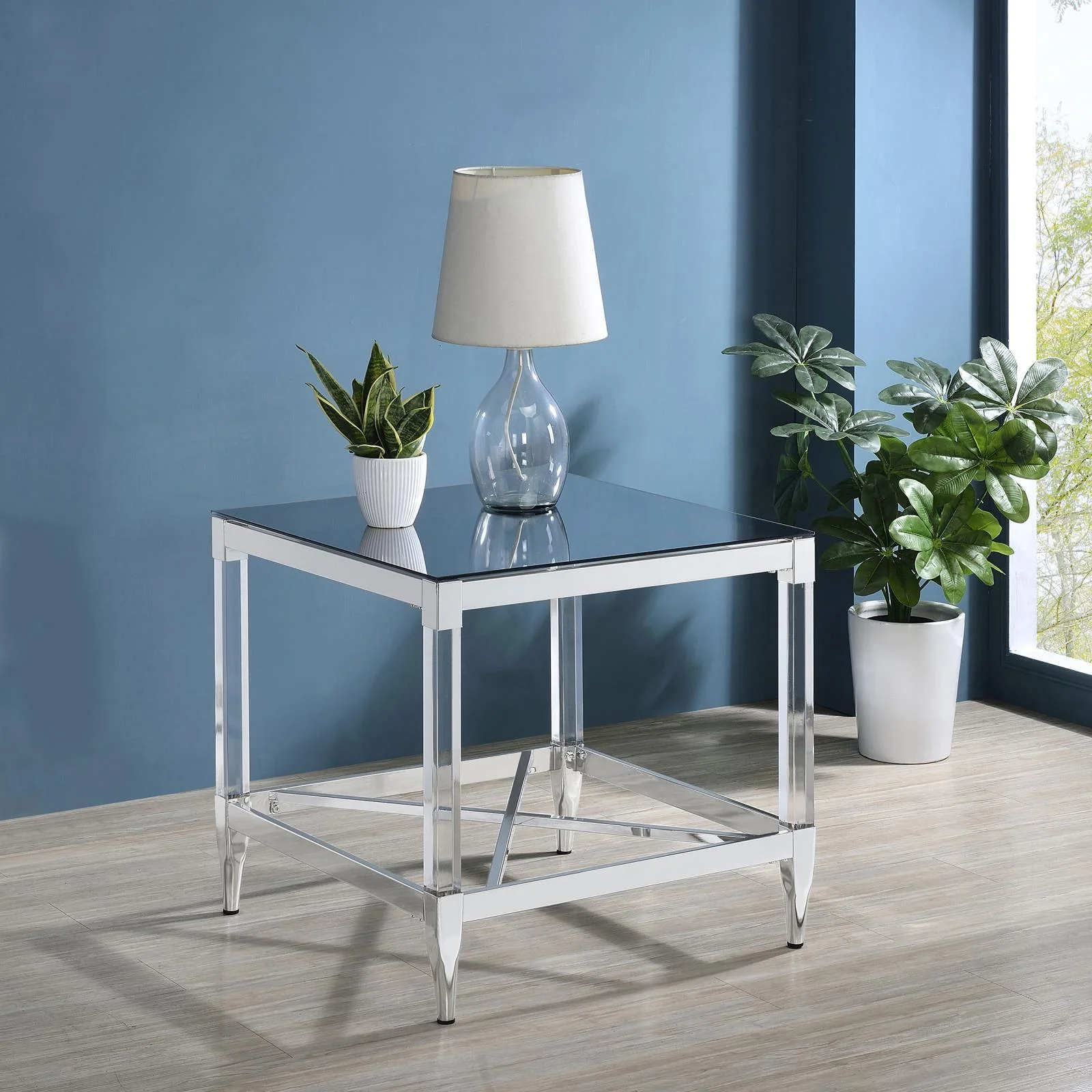 Lindley Chrome Square End Table with Acrylic Legs and Tempered Mirror Top