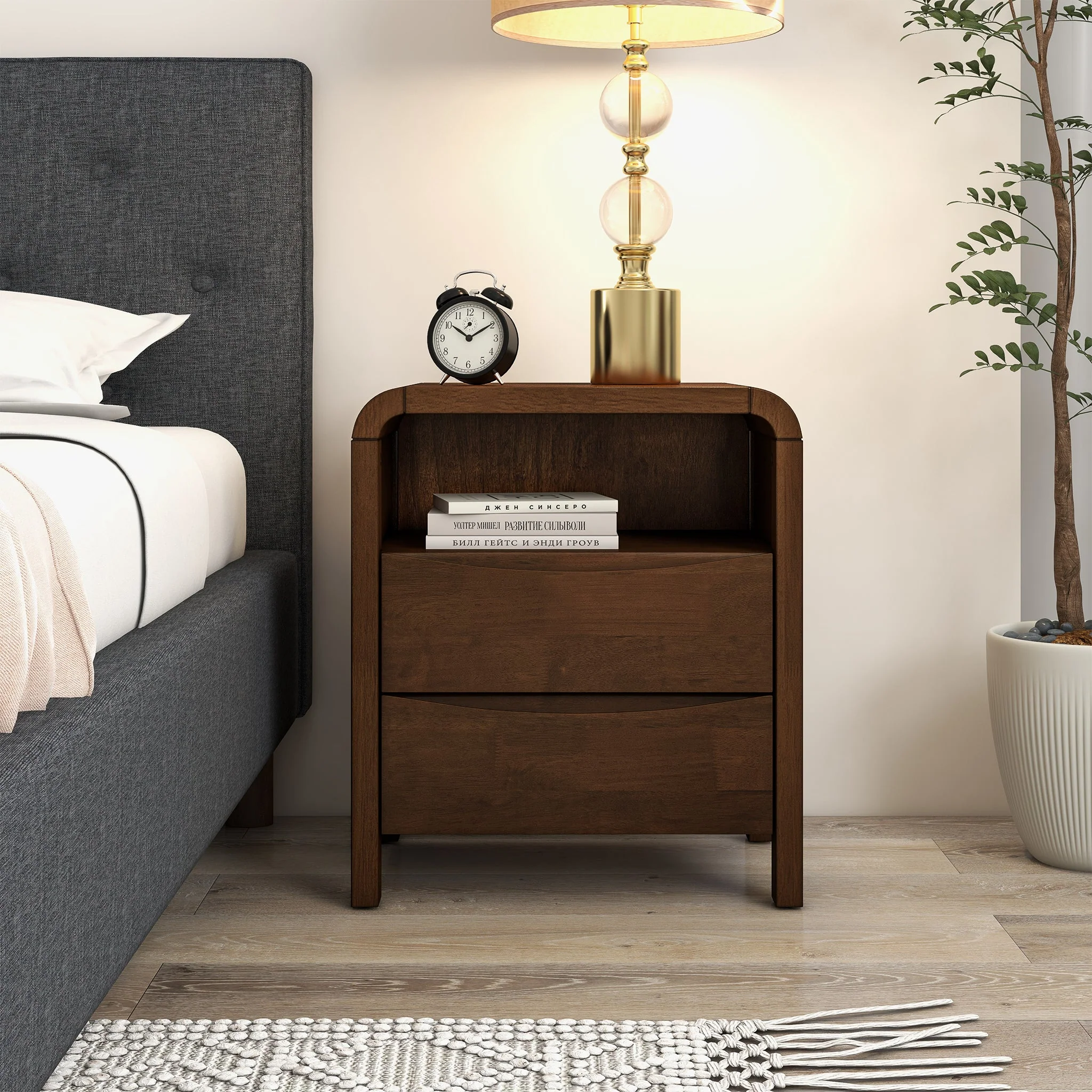 Lionel Mid Century Modern Solid Wood Nightstand 2-Drawer - Image 2