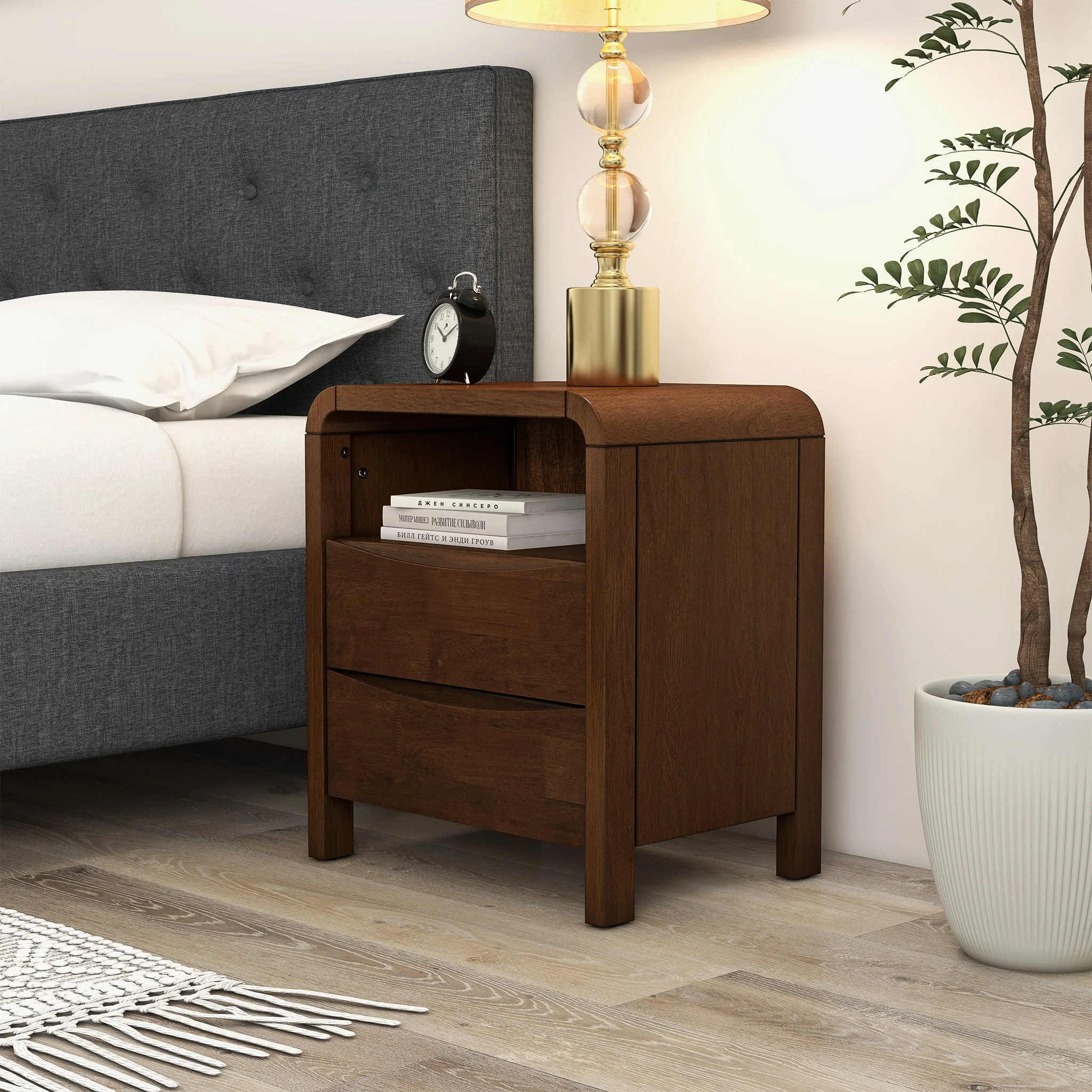 Lionel Mid Century Modern Solid Wood Nightstand 2-Drawer - Image 3