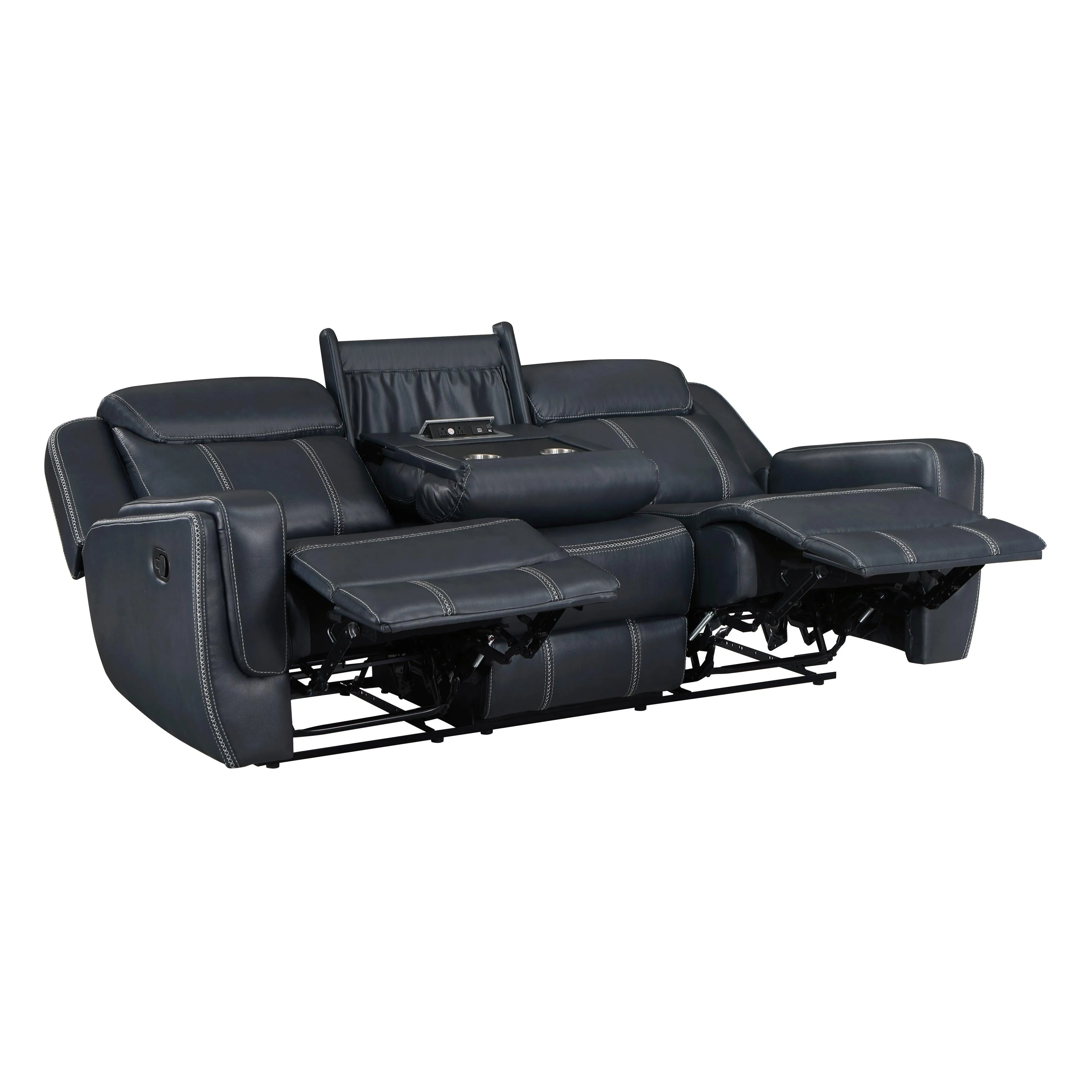 Littleton Blue Double Reclining Sofa with Center Drop-Down Cup Holders, Magazine bag, Receptacles and USB Ports - Image 6