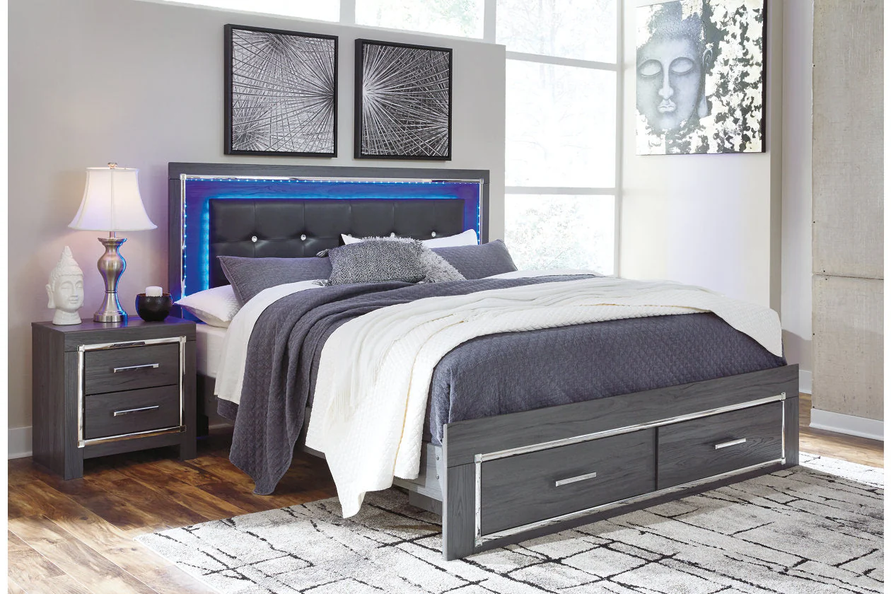 Lodanna Gray King LED Upholstered Storage Panel Bed