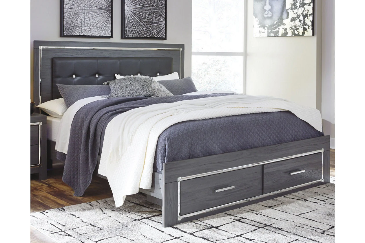 Lodanna Gray King LED Upholstered Storage Panel Bed - Image 2