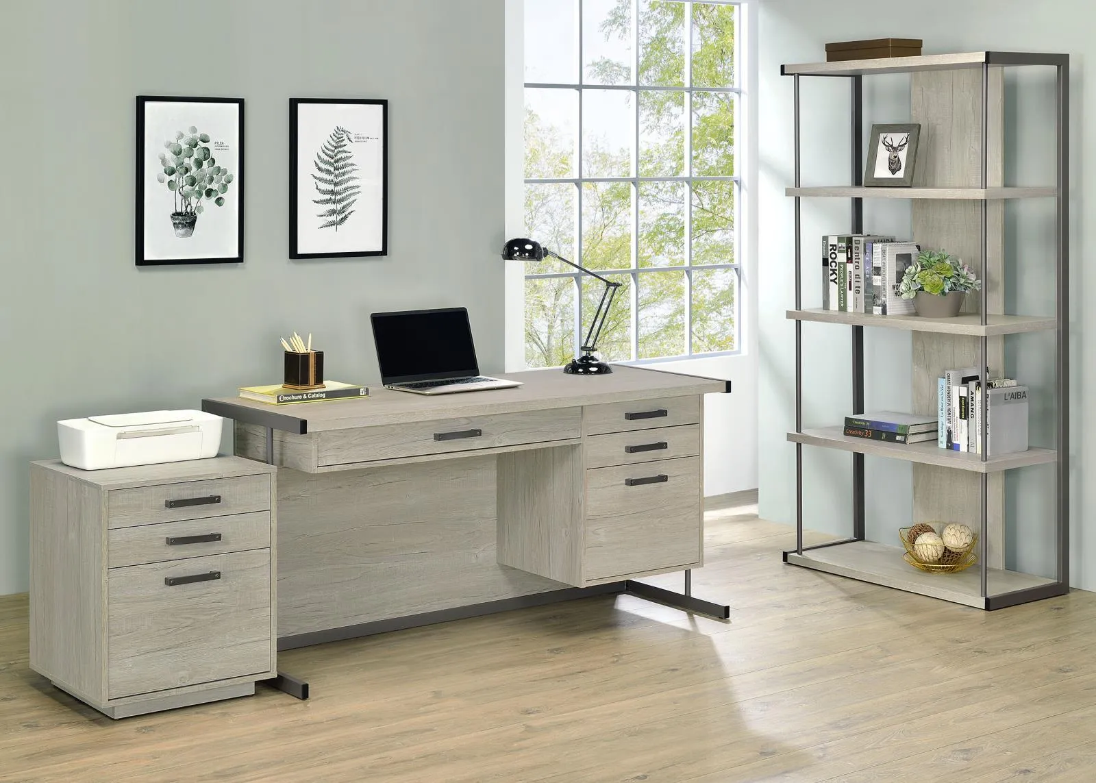 Loomis Whitewashed Gray/Gunmetal 4-Drawer Rectangular Office Desk - Image 2