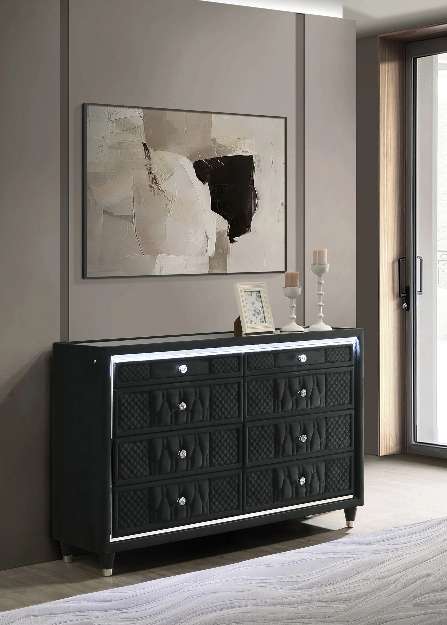 Lorient Black 8-drawer LED Bedroom Dresser Cabinet