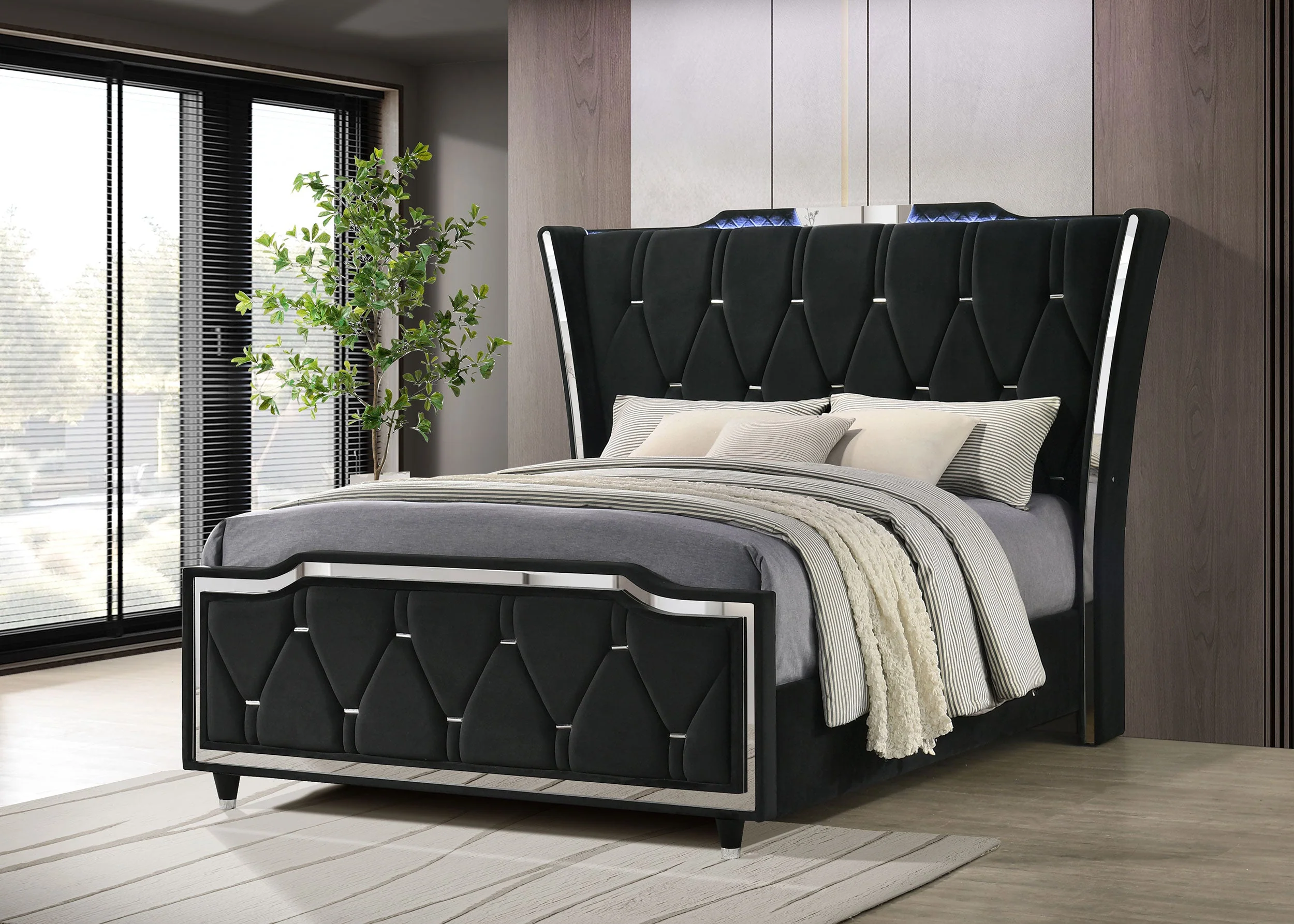 Lorient Black Queen LED Upholstered Wingback Bed