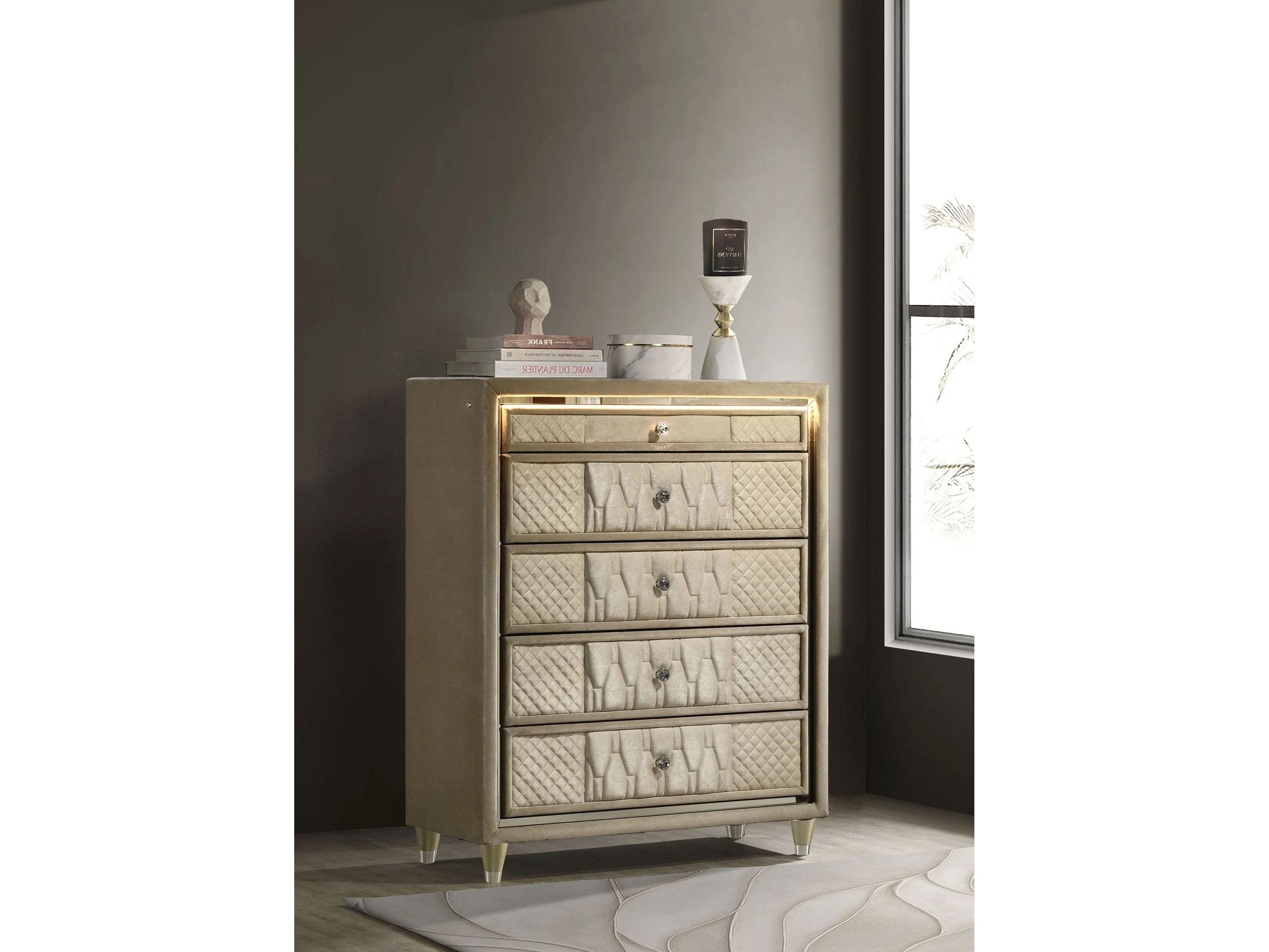Lorient Ivory/Camel 5-drawer LED Chest of Drawers