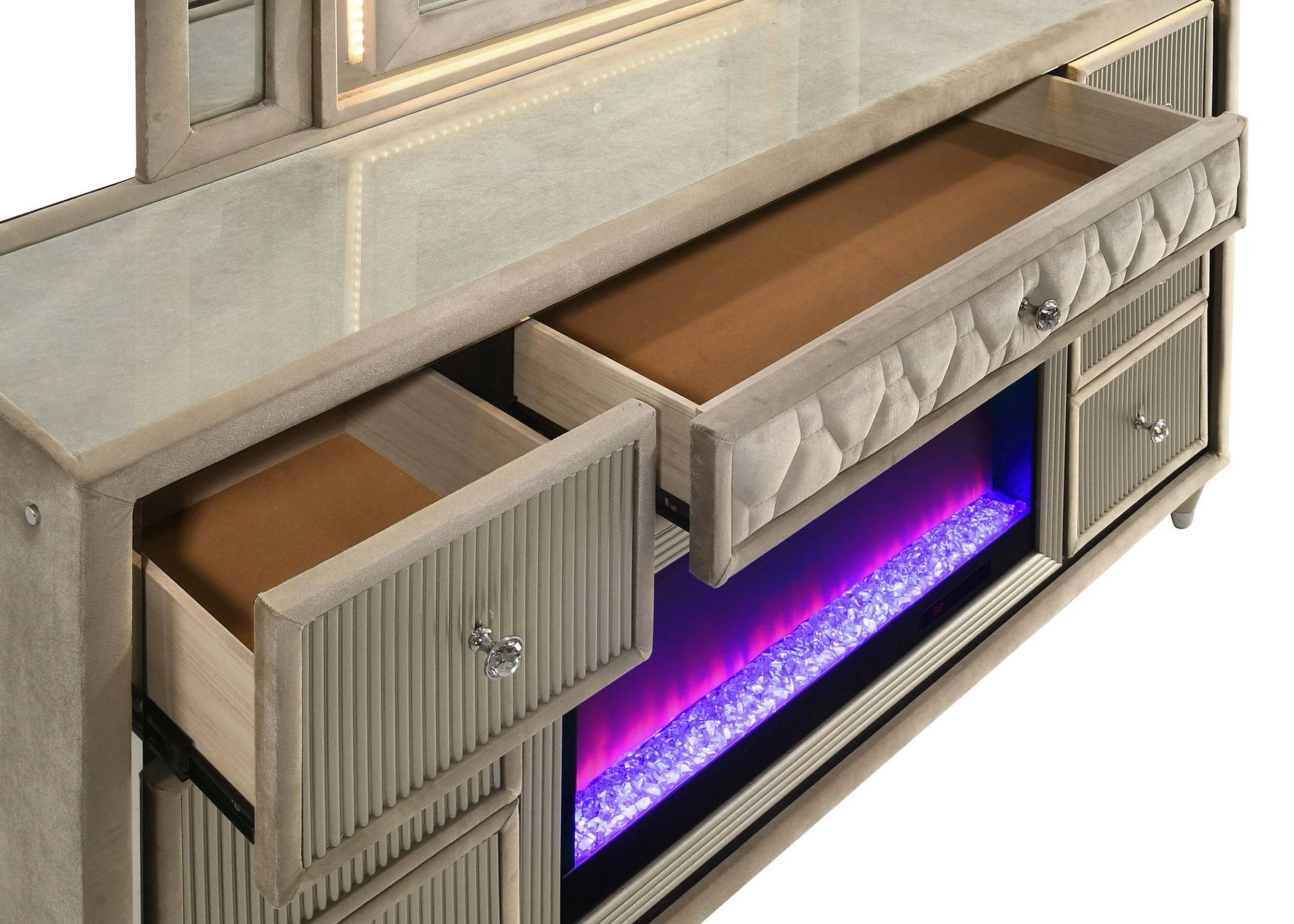 Lorient Ivory/Camel 8-drawer LED Bedroom Flame Box Dresser - Image 10