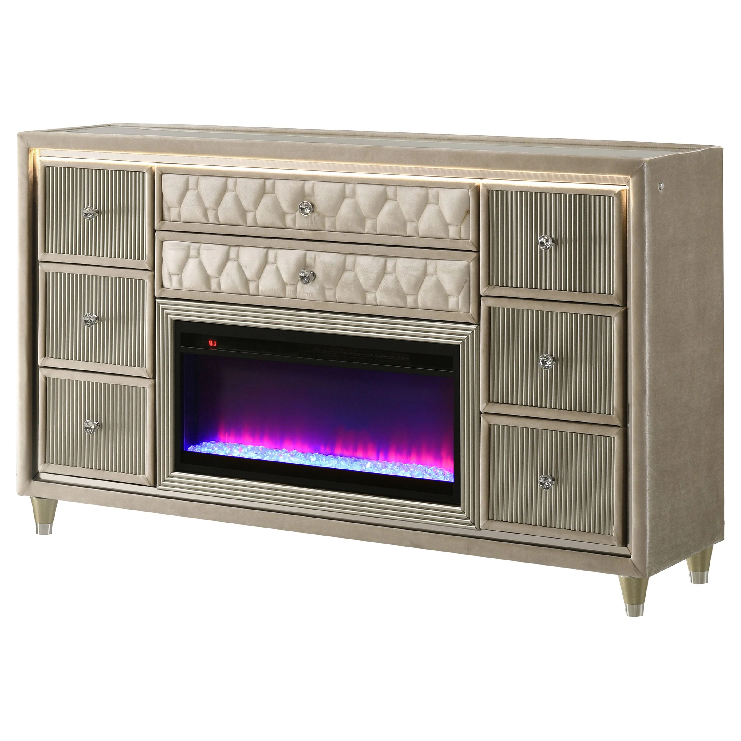 Lorient Ivory/Camel 8-drawer LED Bedroom Flame Box Dresser - Image 4