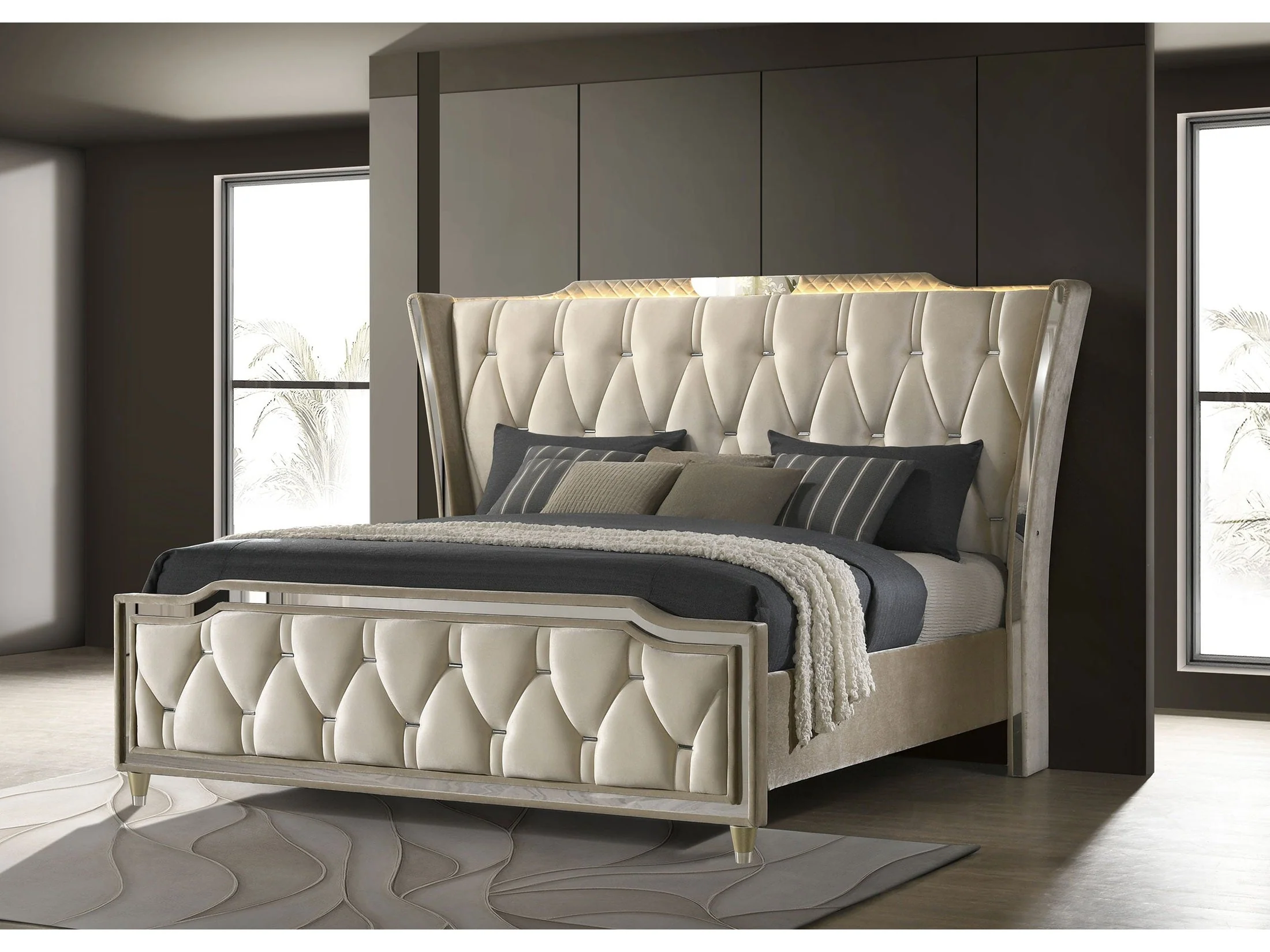 Lorient Ivory/Camel Eastern King LED Upholstered Bed