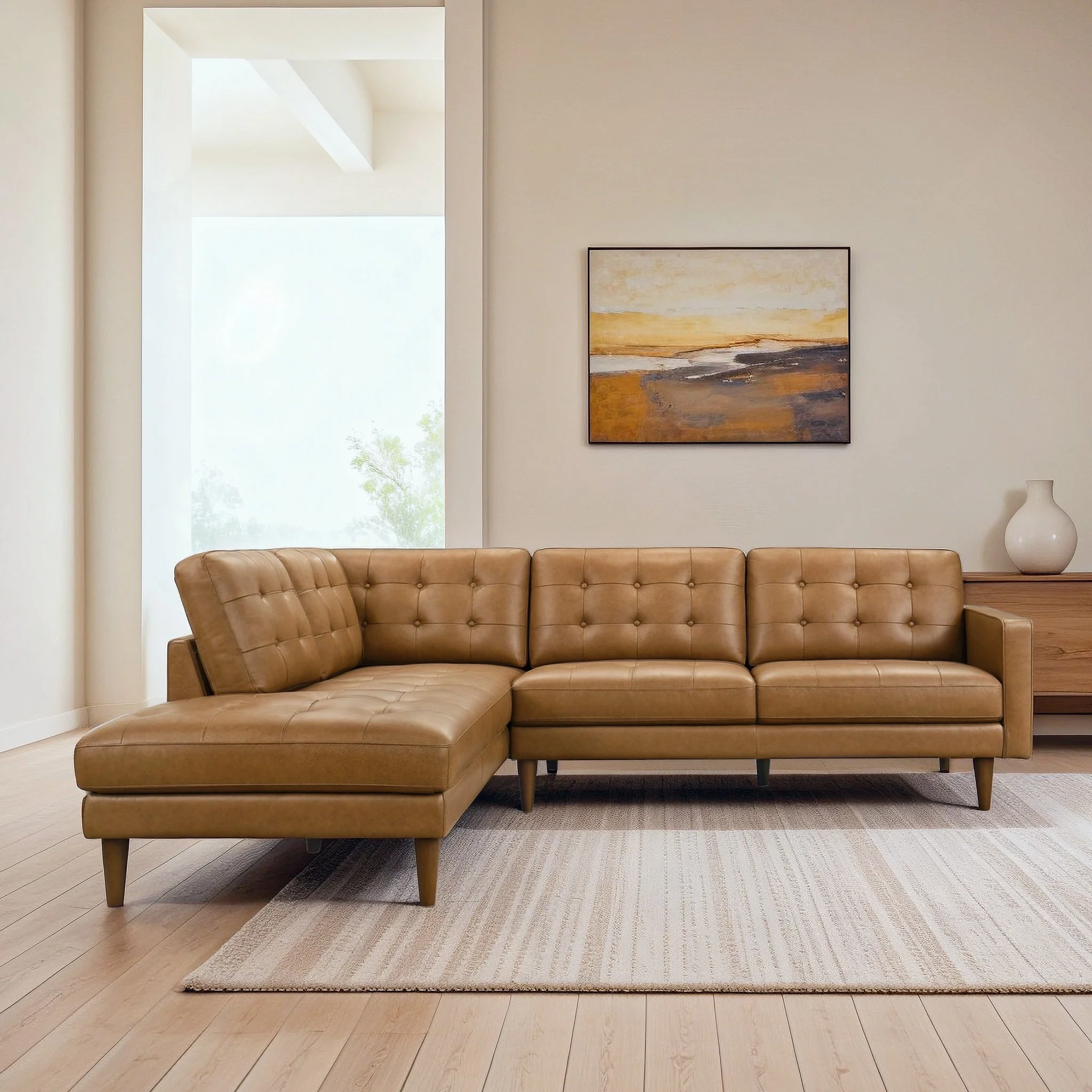 Lucco Genuine Tan Leather Left-Facing Sectional Sofa - Image 2