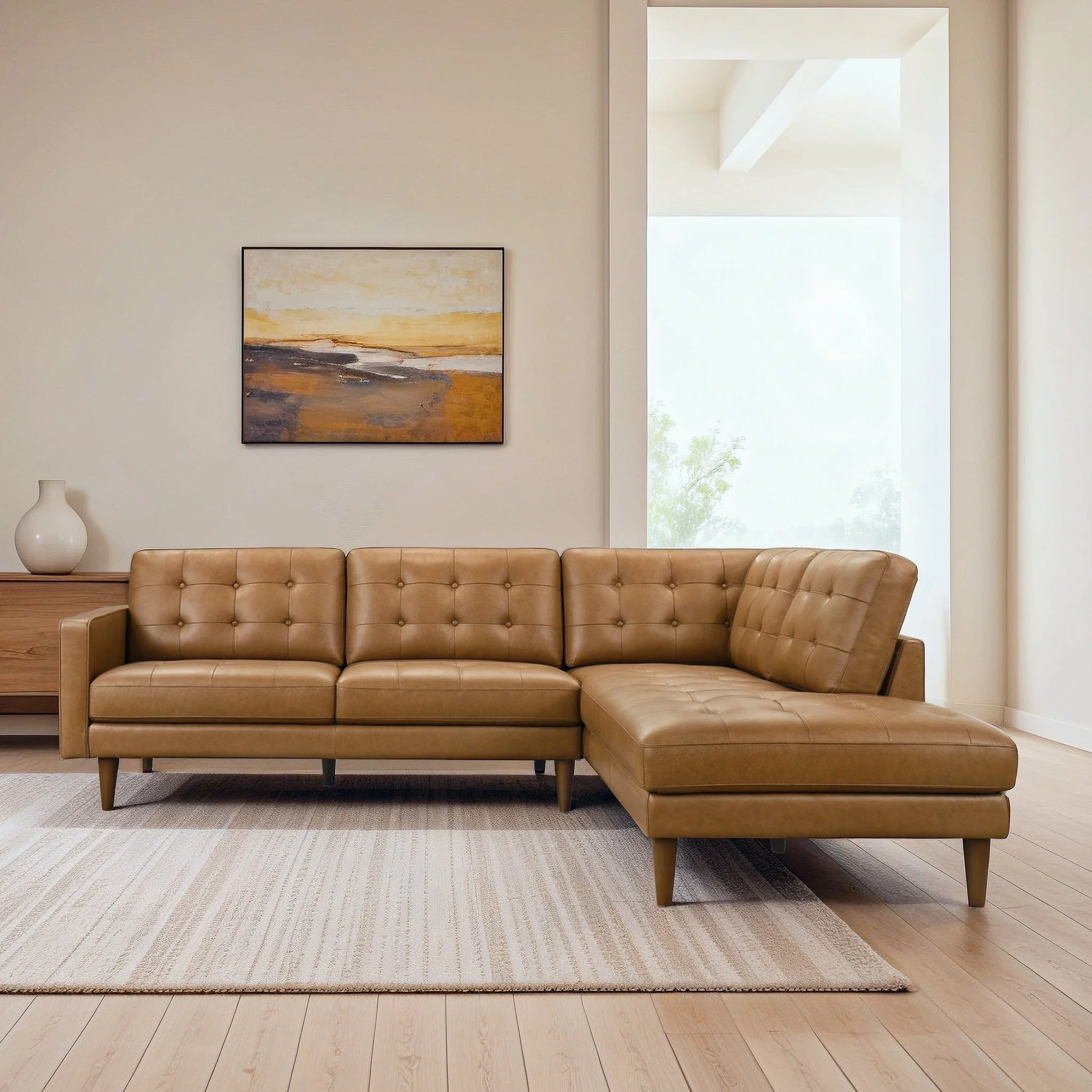 Lucco Genuine Tan Leather Right-Facing Sectional Sofa - Image 2