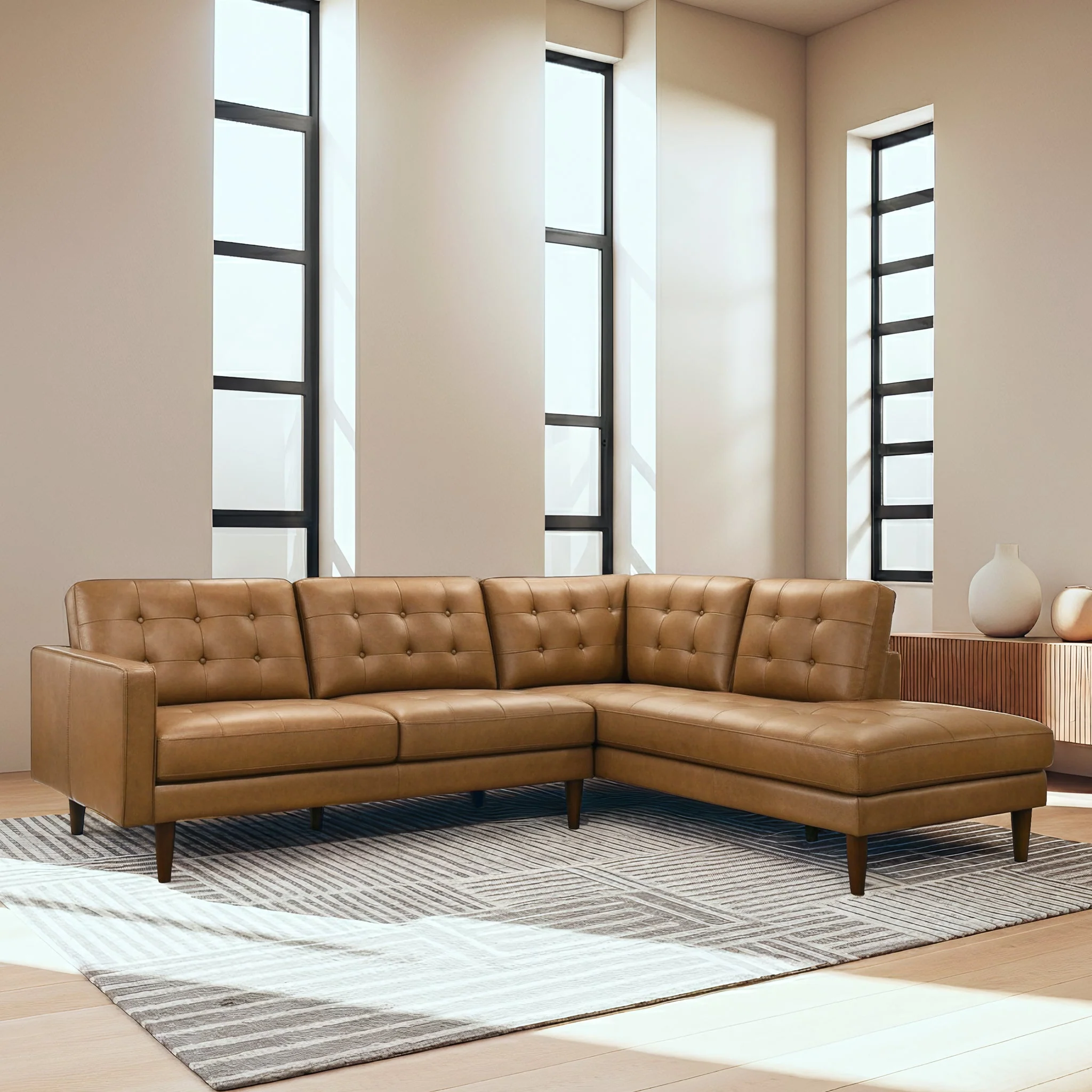 Lucco Genuine Tan Leather Right-Facing Sectional Sofa - Image 3
