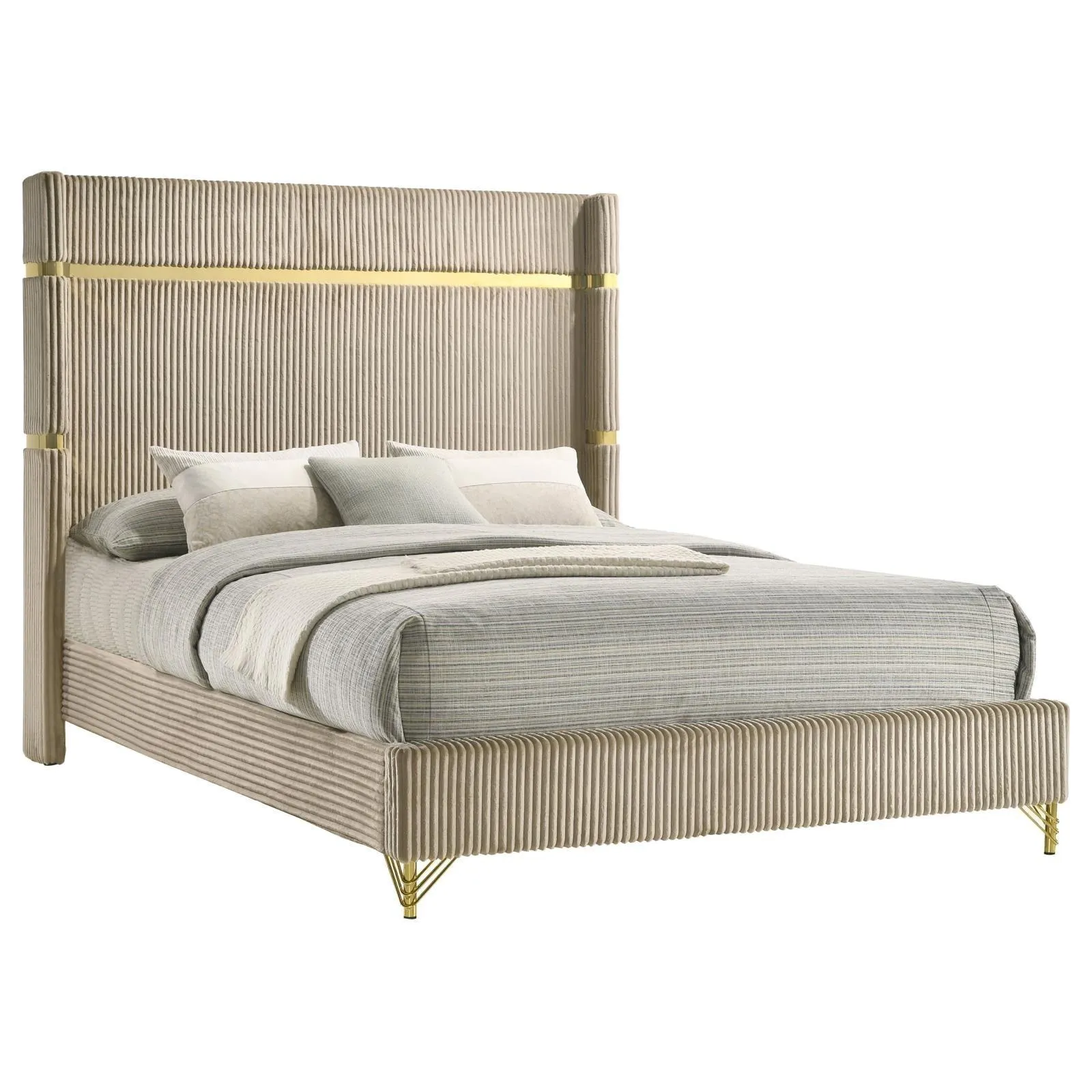 Lucia Beige Upholstered Eastern King Wingback Panel Bed - Image 2