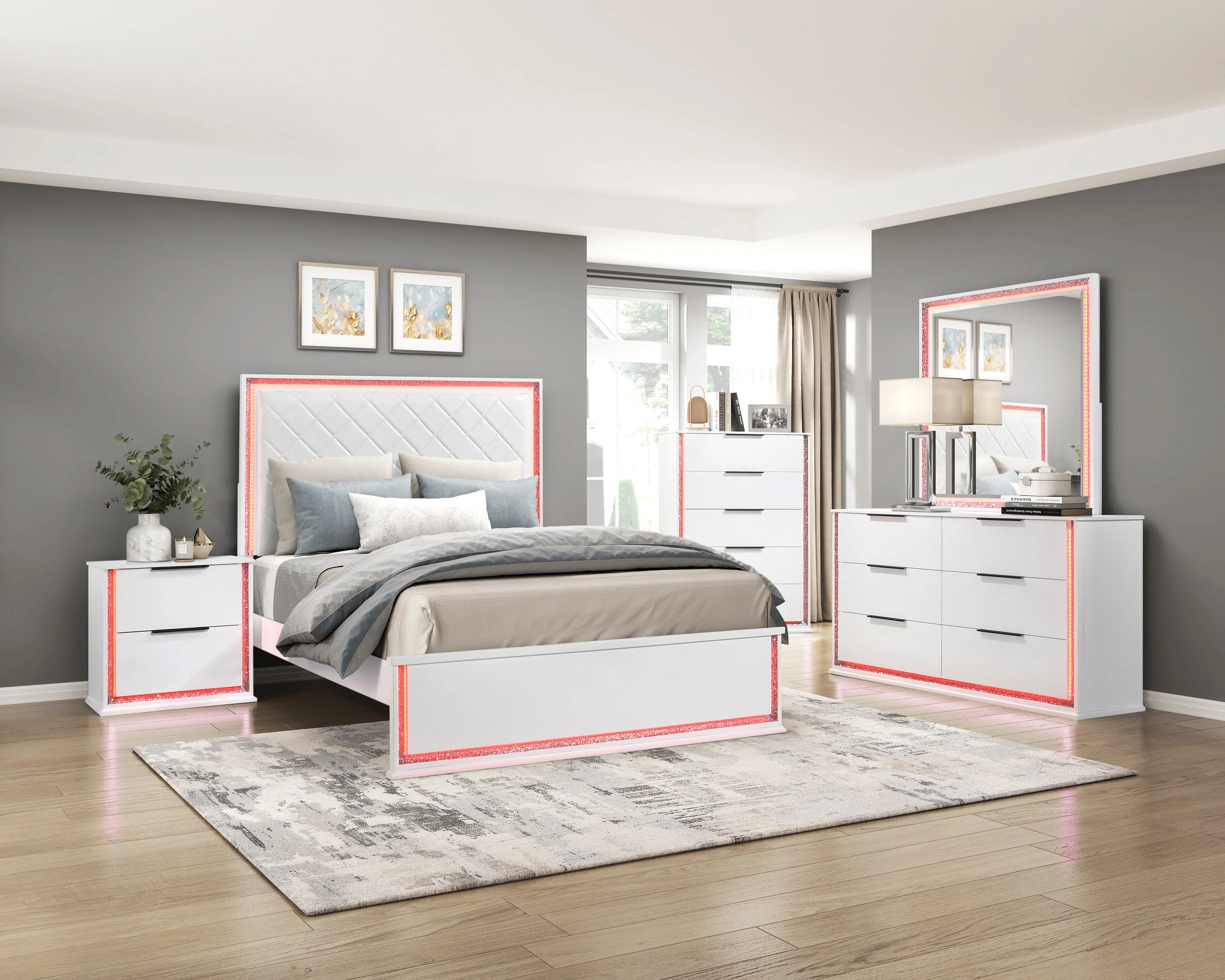 Lumin Pearl White LED Panel Bedroom Set