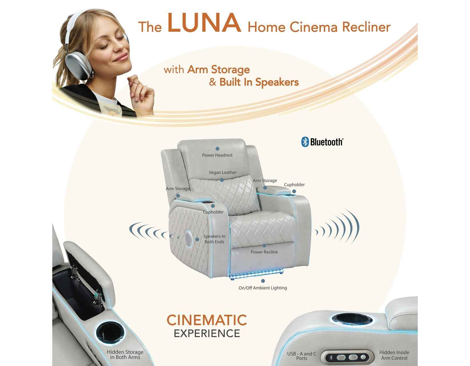 Luna Home Cinema Power Recliner, Ice Vegan Leather - Image 14