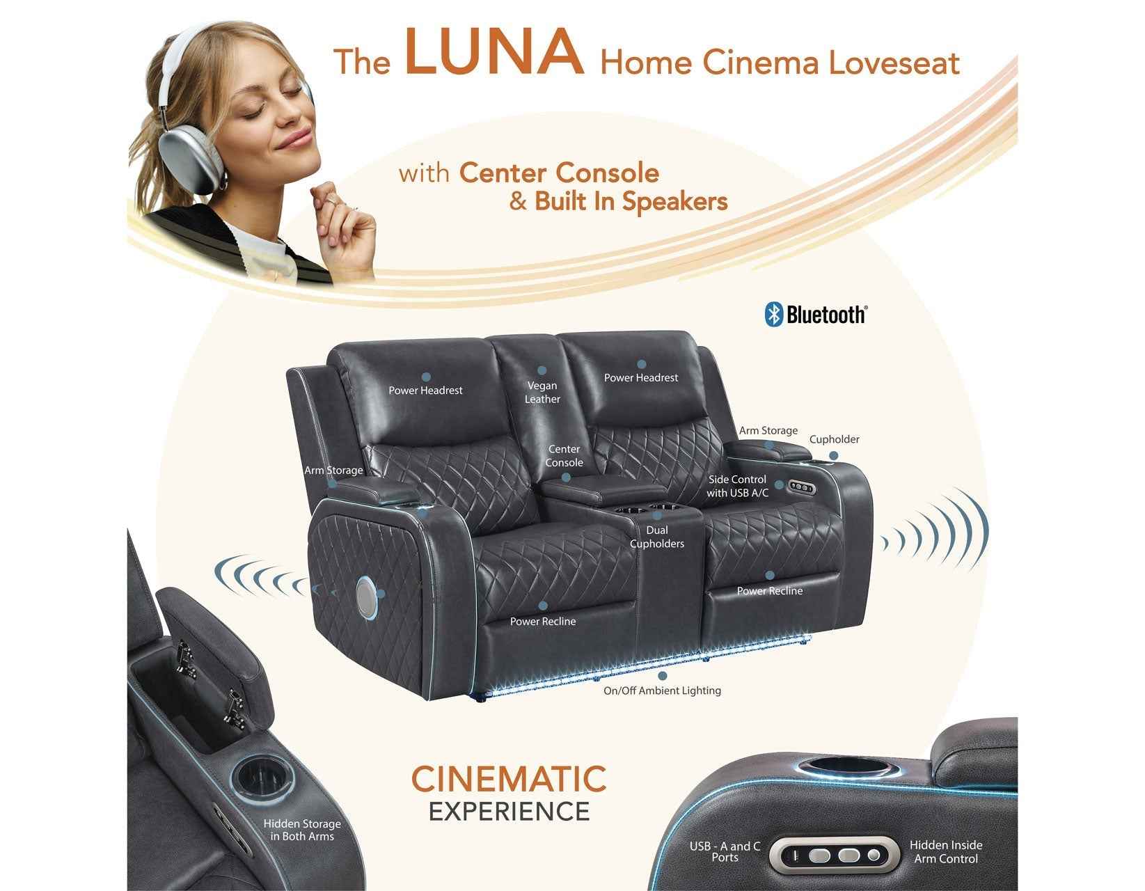 Luna Home Cinema Power Reclining Console Loveseat, Charcoal Vegan Leather - Image 15