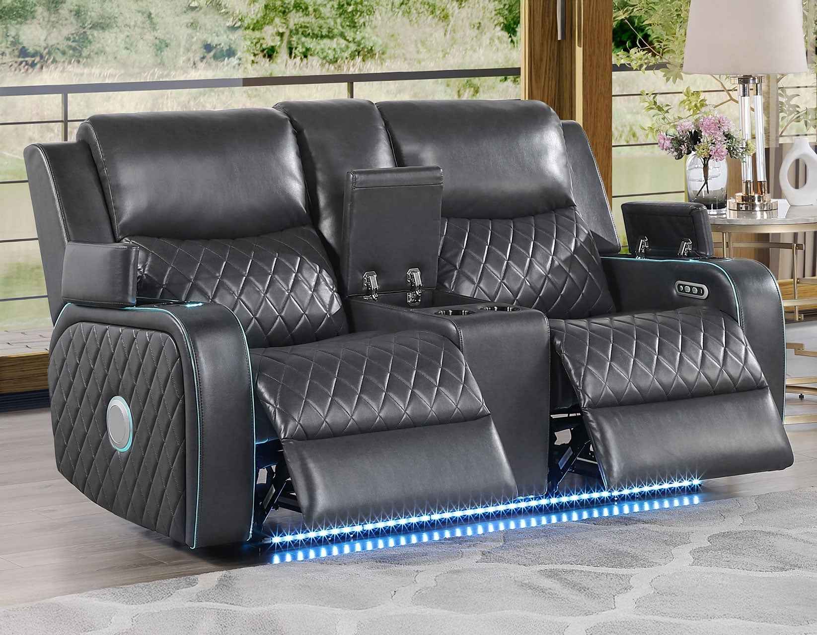 Luna Home Cinema Power Reclining Console Loveseat, Charcoal Vegan Leather - Image 3