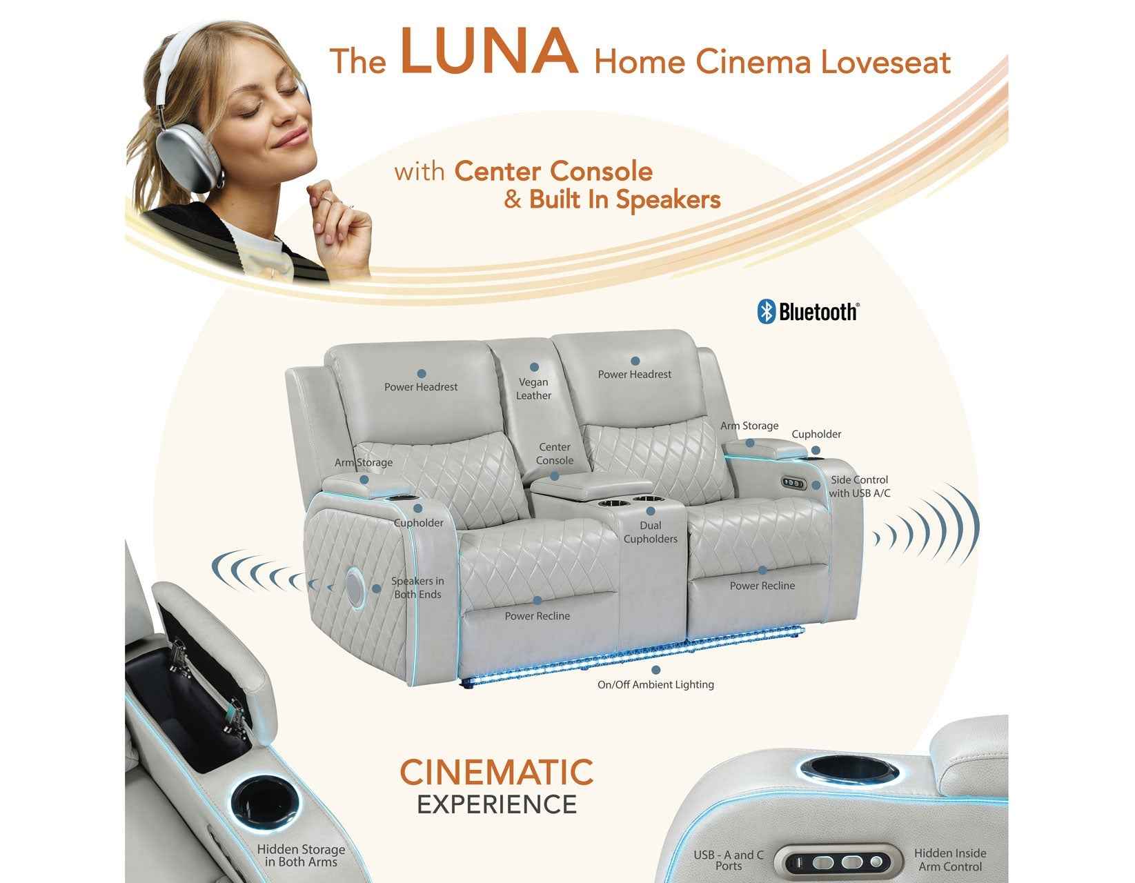 Luna Home Cinema Power Reclining Console Loveseat, Ice Vegan Leather - Image 16
